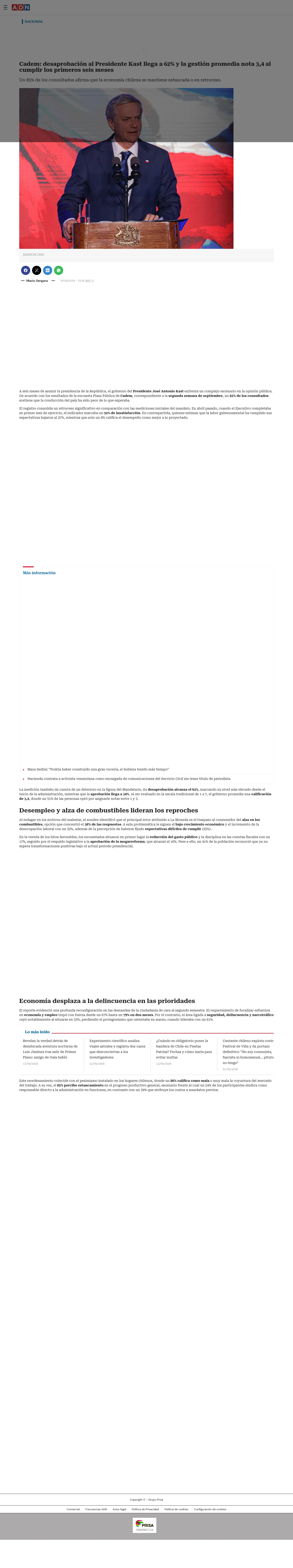 Cadem: desaprobación al Presidente Kast llega a 62% y la gestión promedia nota 3,4 al cumplir los primeros seis meses