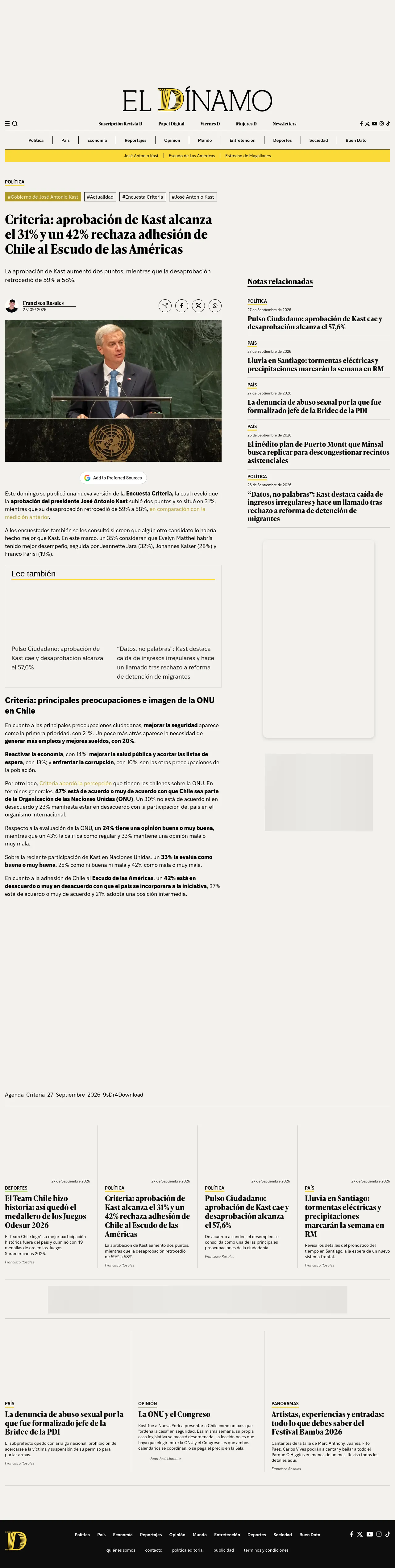 Criteria: aprobación de Kast alcanza el 31% y un 42% rechaza adhesión de Chile al Escudo de las Américas