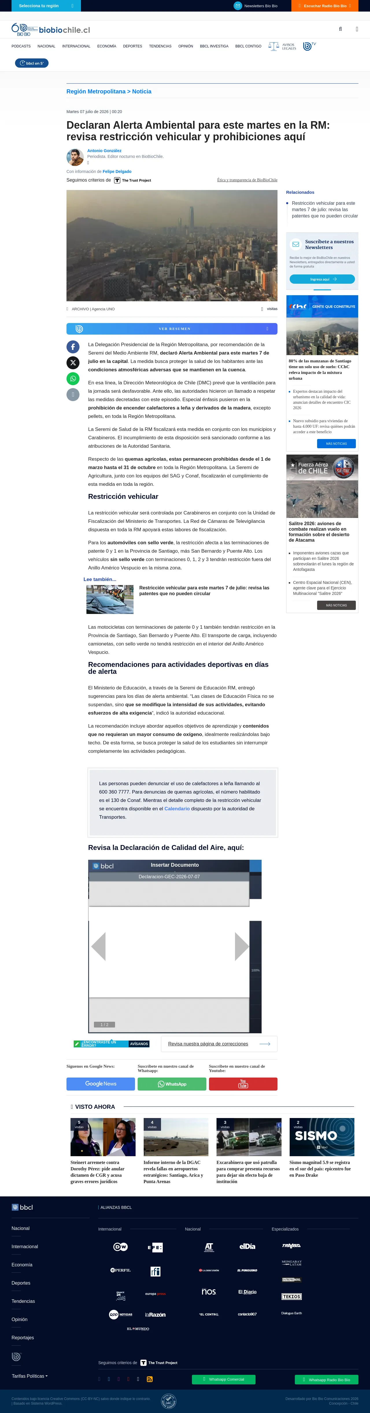 Declaran Alerta Ambiental para este martes en la RM: revisa restricción vehicular y prohibiciones aquí