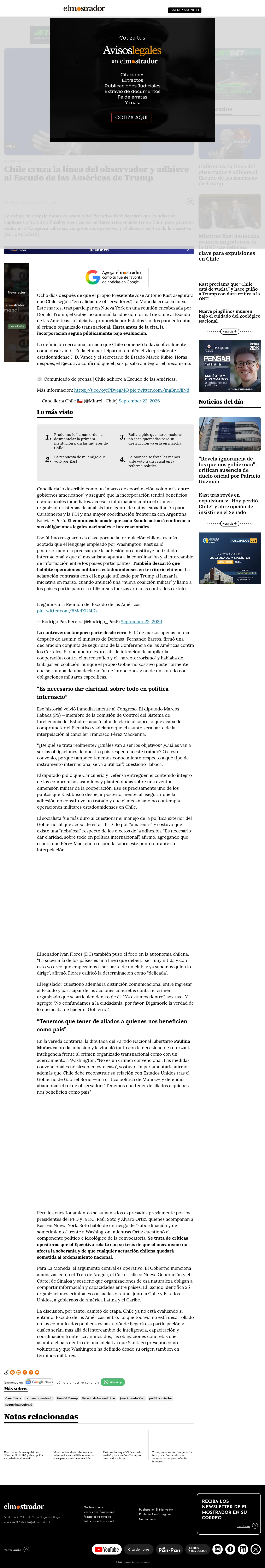 Chile cruza la línea del observador y adhiere al Escudo de las Américas de Trump
