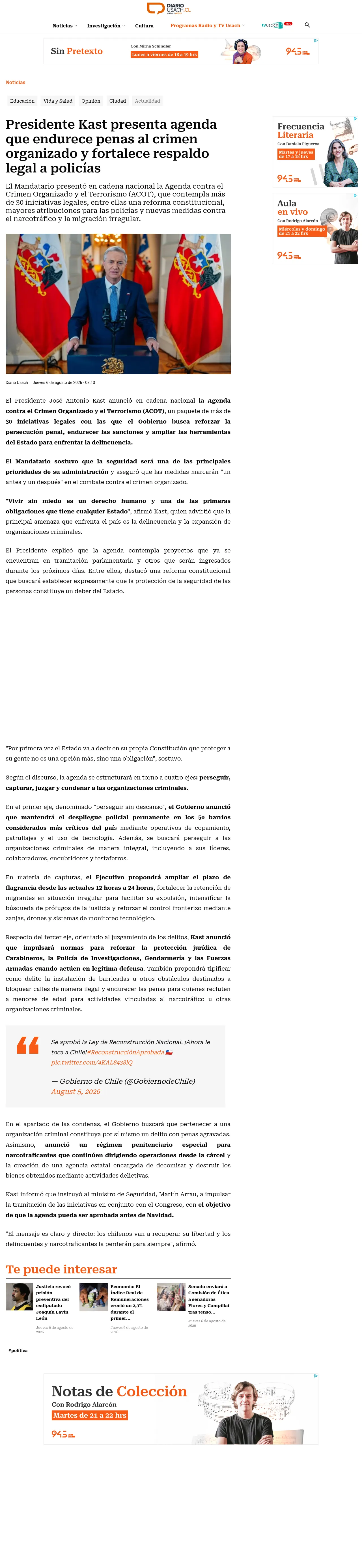 Presidente Kast presenta agenda que endurece penas al crimen organizado y fortalece respaldo legal a policías