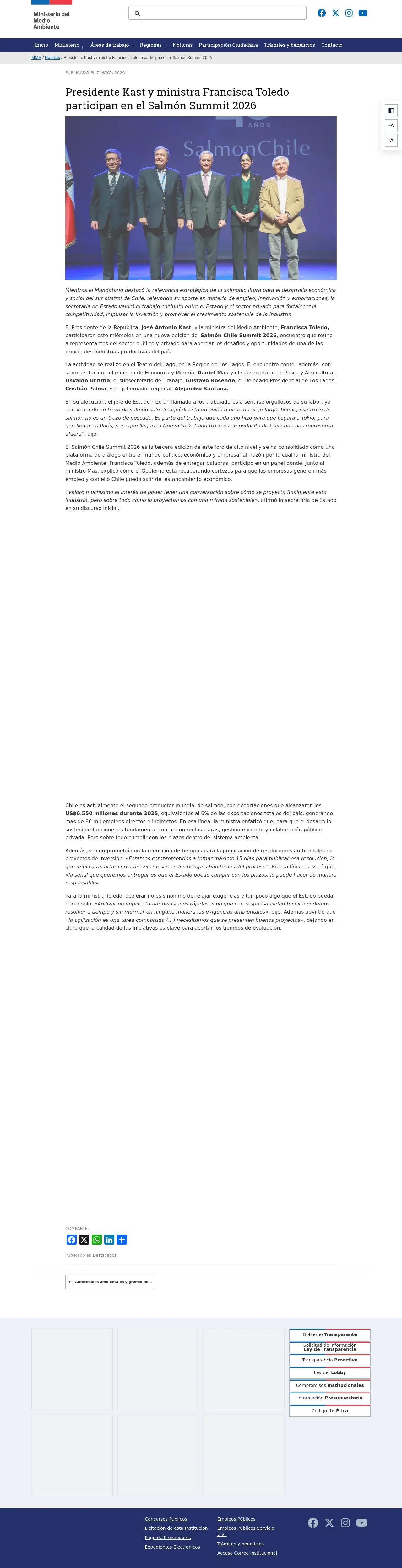 Presidente Kast y ministra Francisca Toledo participan en el Salmón Summit 2026