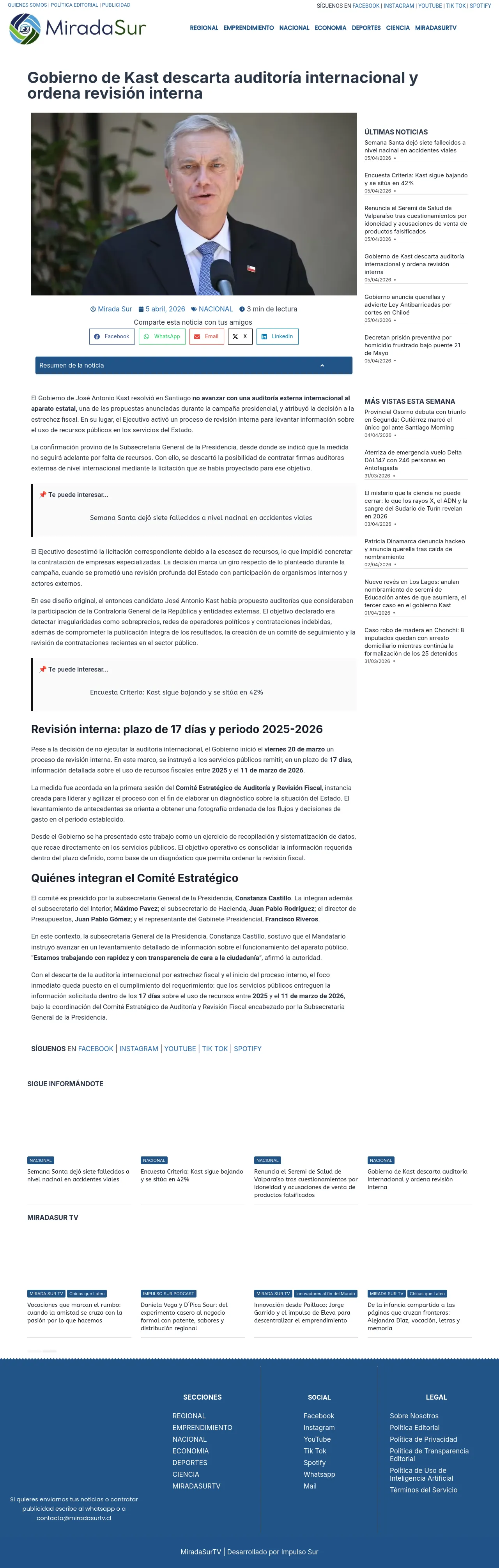 Gobierno de Kast descarta auditoría internacional y ordena revisión interna