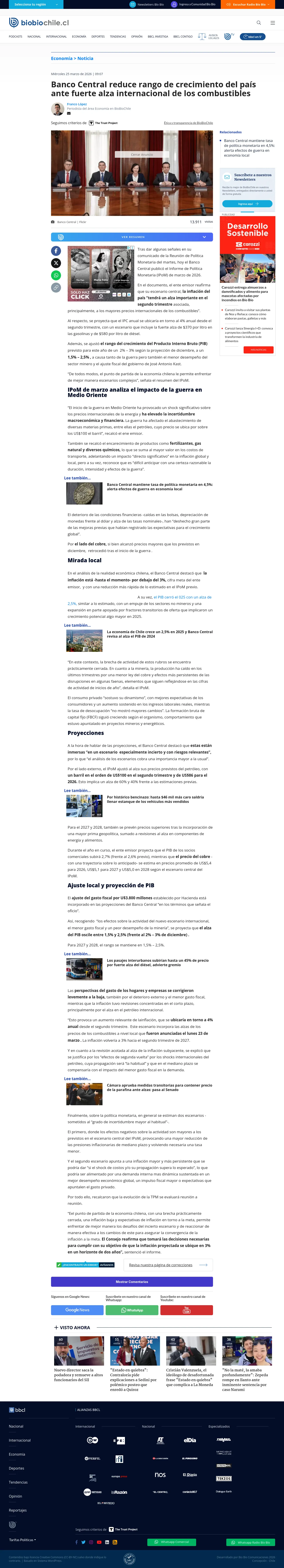 Banco Central reduce rango de crecimiento del país ante fuerte alza internacional de los combustibles