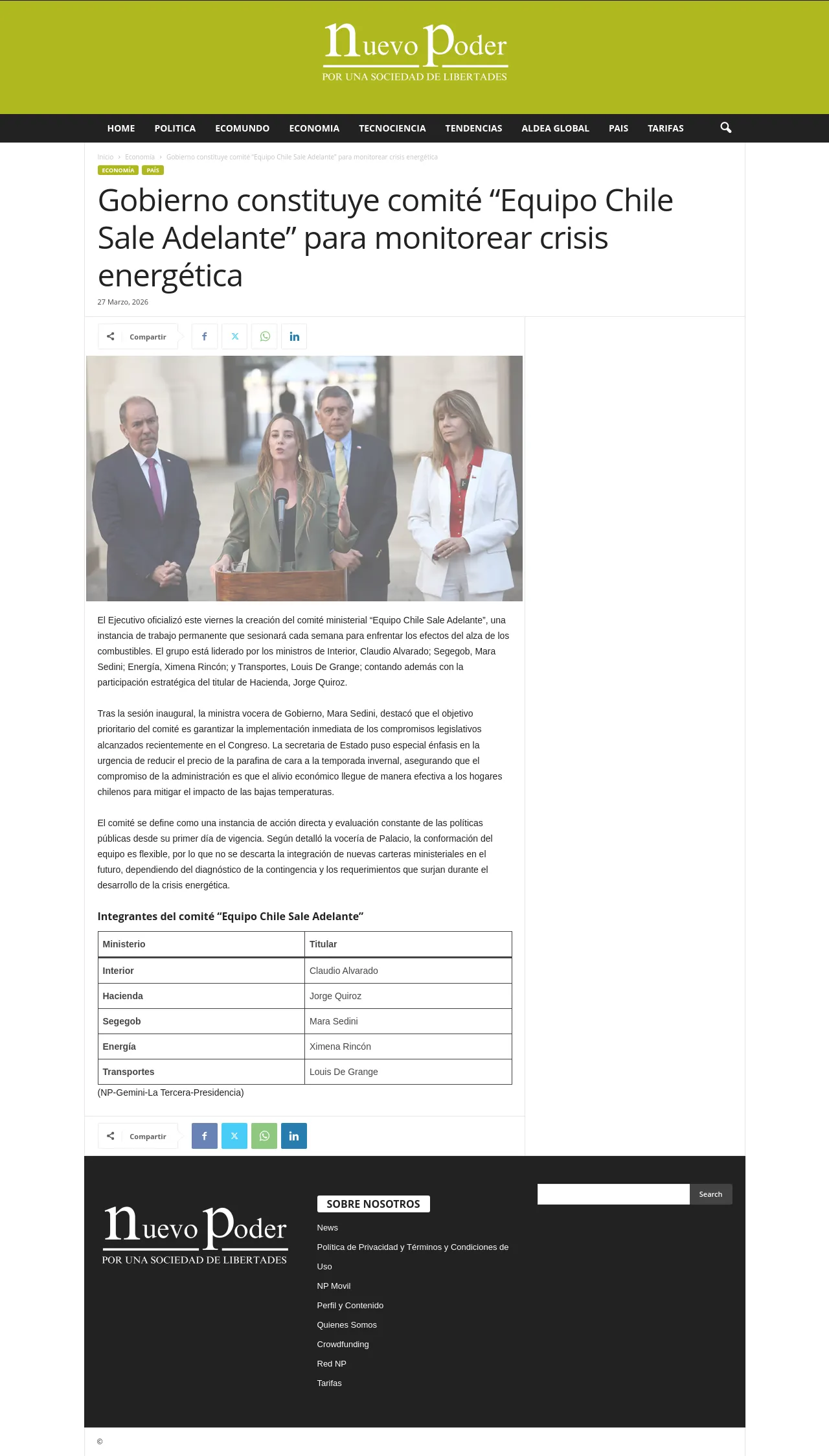 Gobierno constituye comité “Equipo Chile Sale Adelante” para monitorear crisis energética
