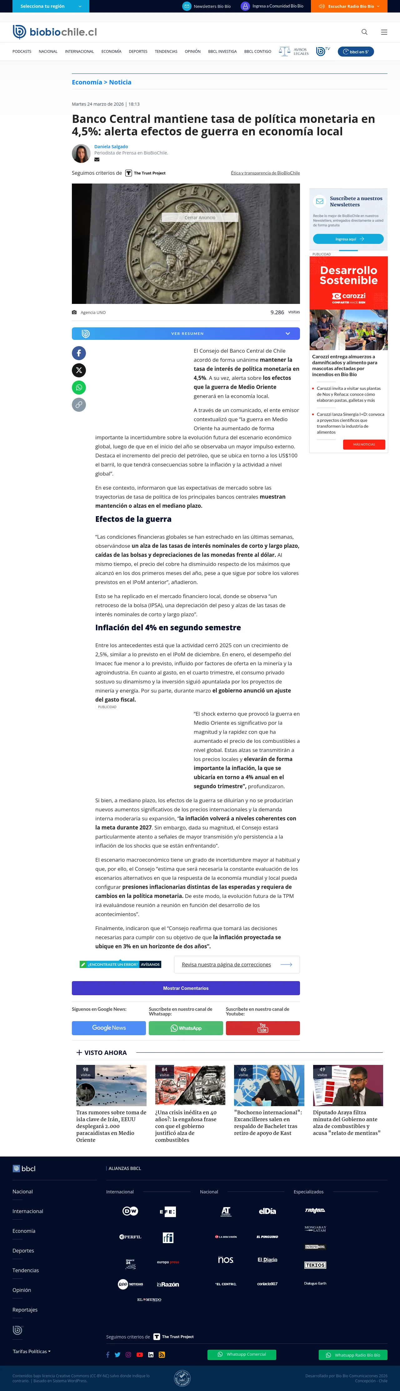 Banco Central mantiene tasa de política monetaria en 4,5%: alerta efectos de guerra en economía local