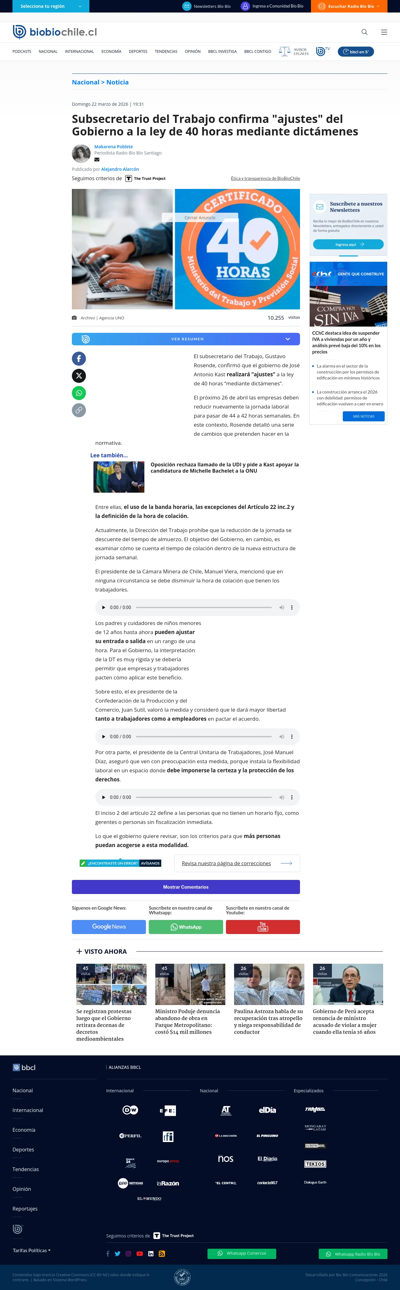Subsecretario del Trabajo confirma "ajustes" del Gobierno a la ley de 40 horas mediante dictámenes