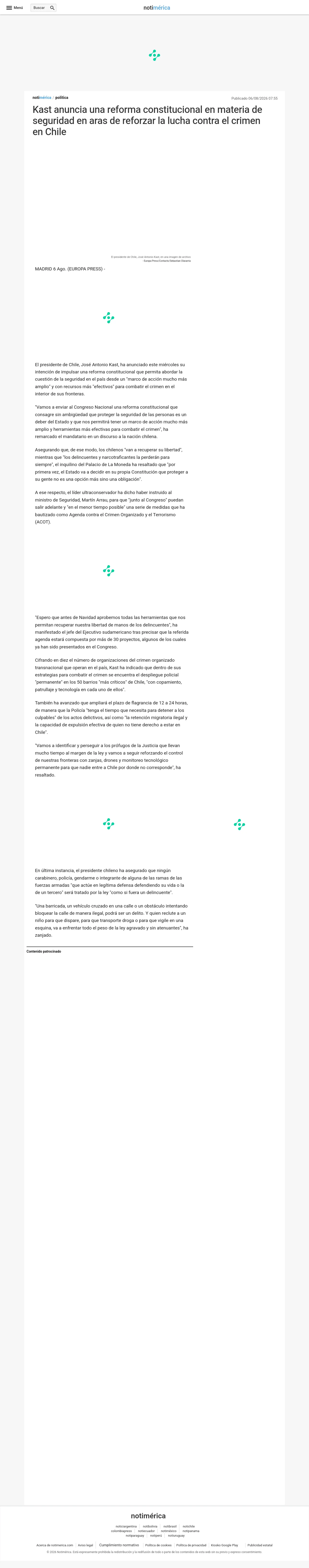 Kast anuncia una reforma constitucional en materia de seguridad en aras de reforzar la lucha contra el crimen en Chile