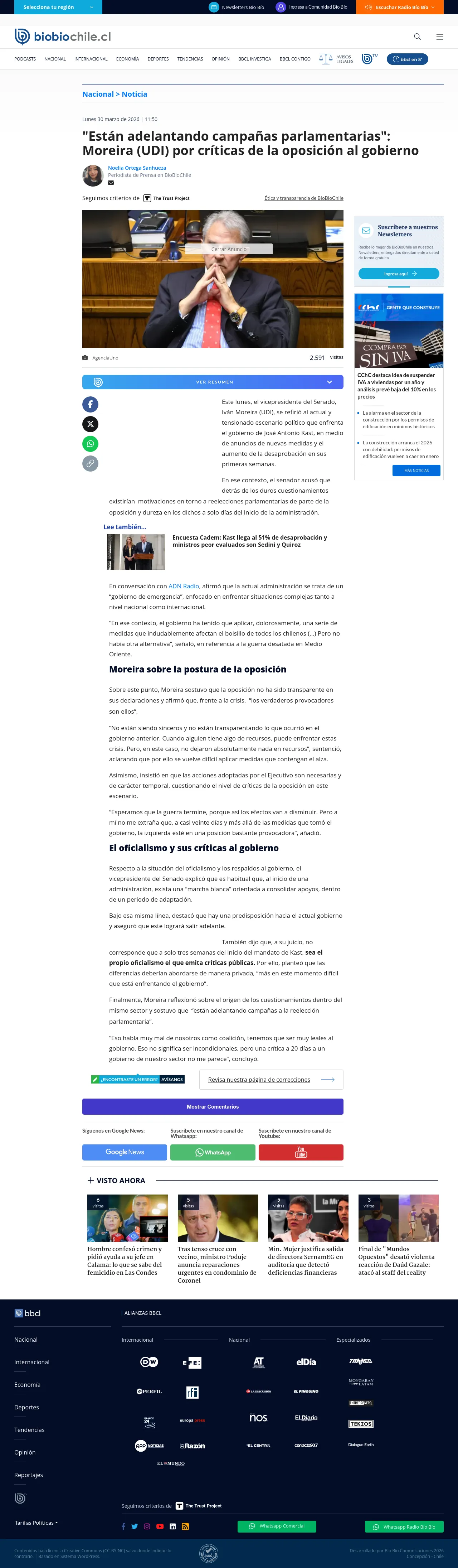 "Están adelantando campañas parlamentarias": Moreira (UDI) por críticas de la oposición al gobierno