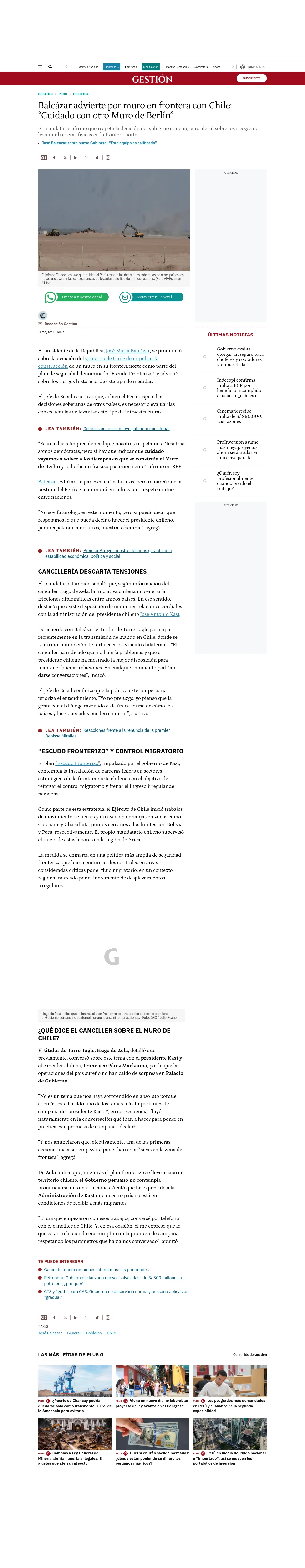 Balcázar advierte por muro en frontera con Chile: “Cuidado con otro Muro de Berlín”