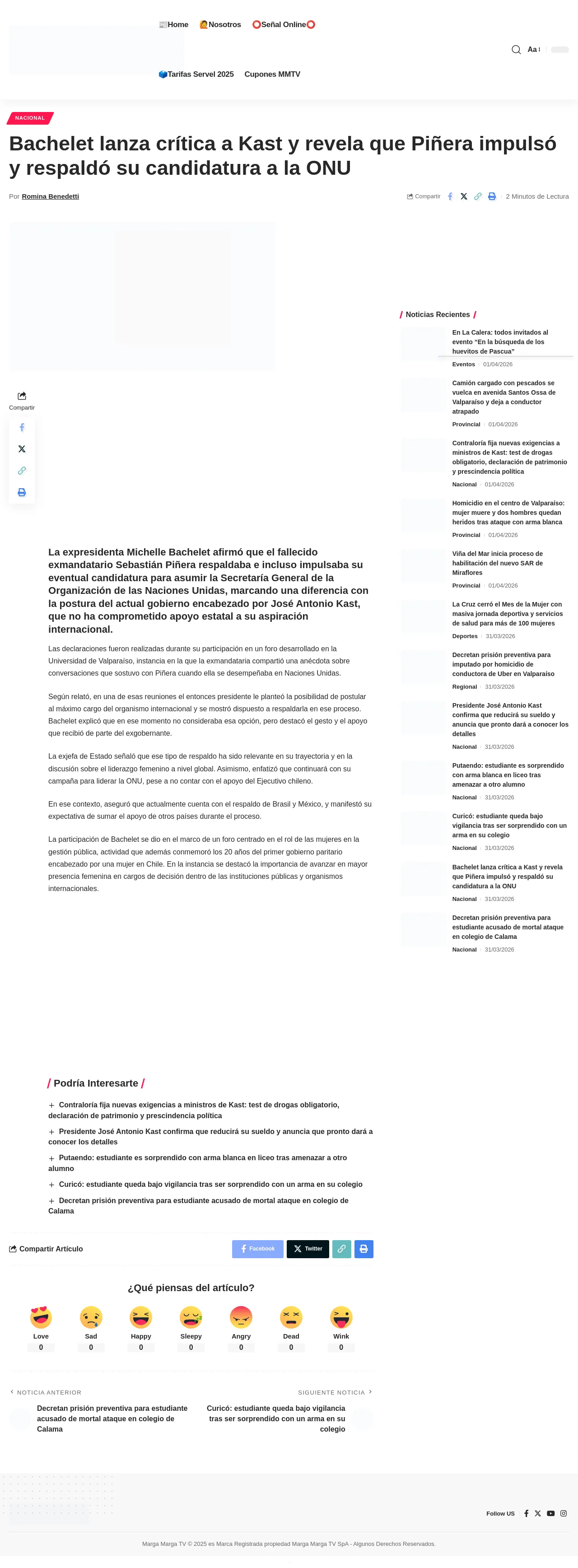 Bachelet lanza crítica a Kast y revela que Piñera impulsó y respaldó su candidatura a la ONU