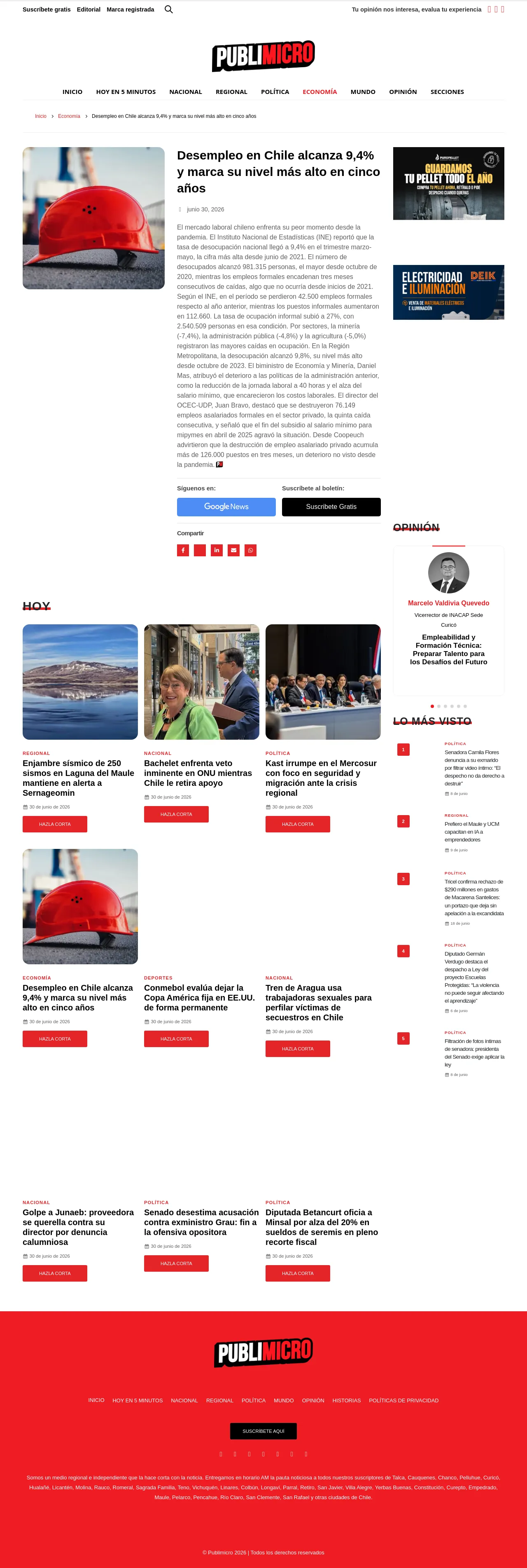 Desempleo en Chile alcanza 9,4% y marca su nivel más alto en cinco años