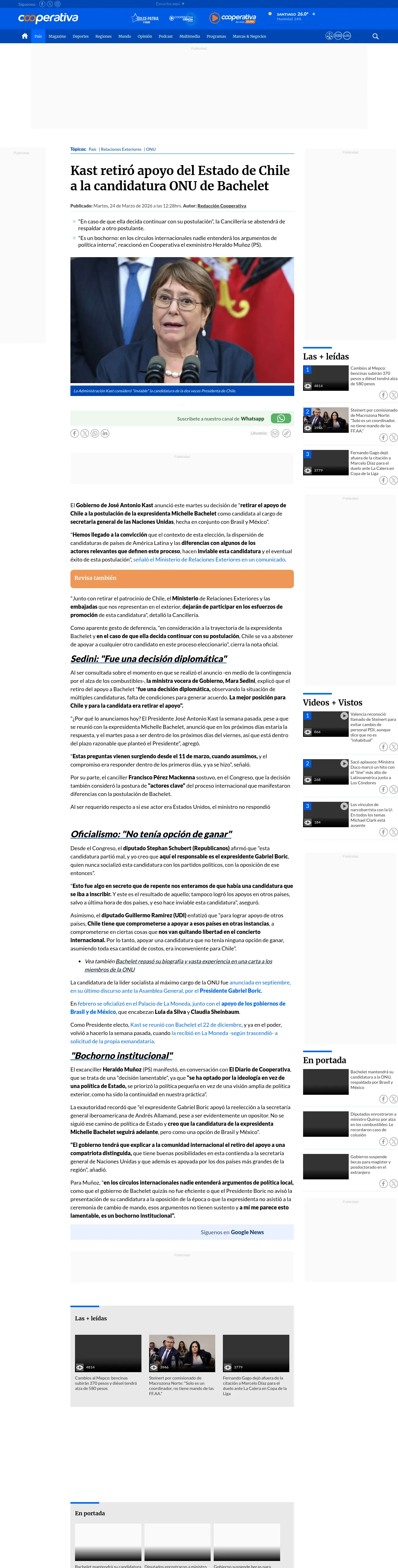 Kast retiró apoyo del Estado de Chile a la candidatura ONU de Bachelet