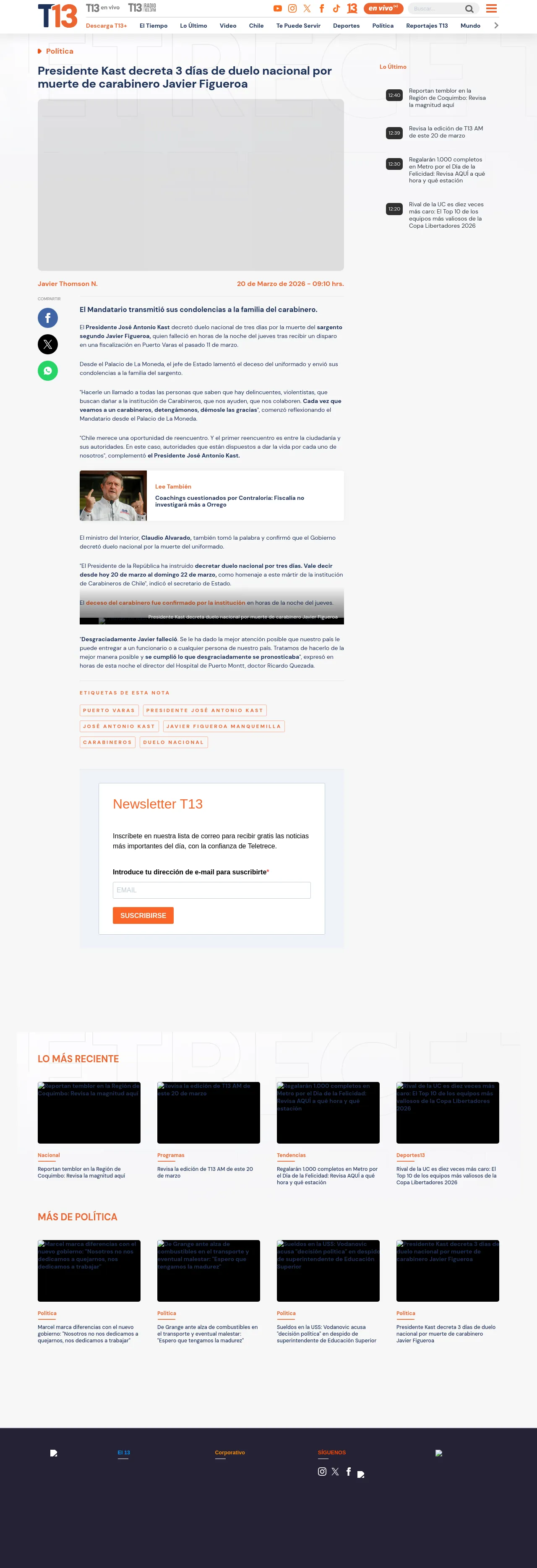 Presidente Kast decreta 3 días de duelo nacional por muerte de carabinero Javier Figueroa