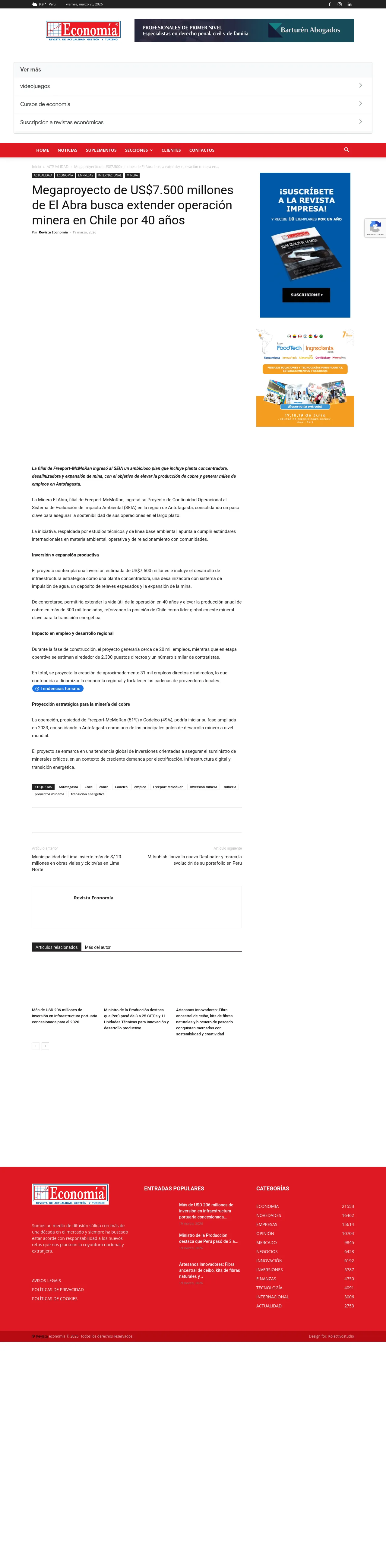 Megaproyecto de US$7.500 millones de El Abra busca extender operación minera en Chile por 40 años