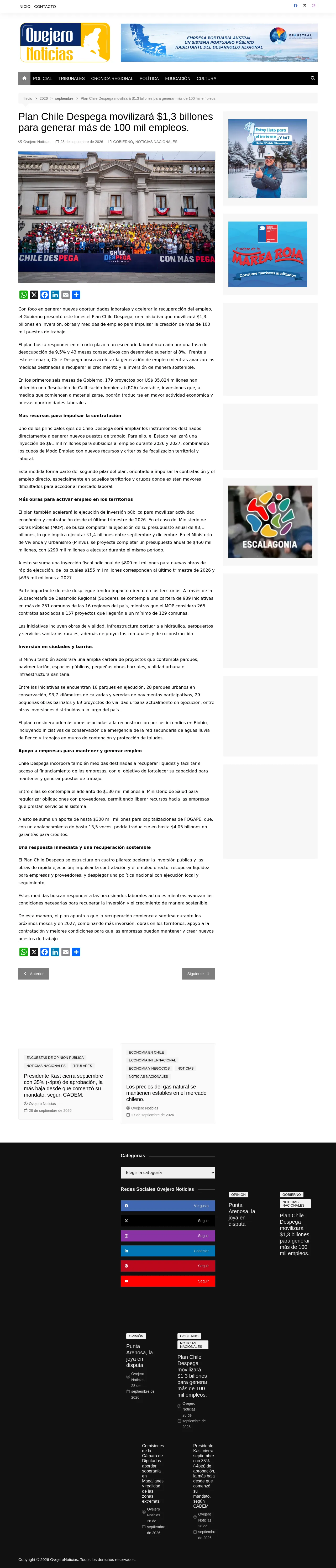 Plan Chile Despega movilizará $1,3 billones para generar más de 100 mil empleos.