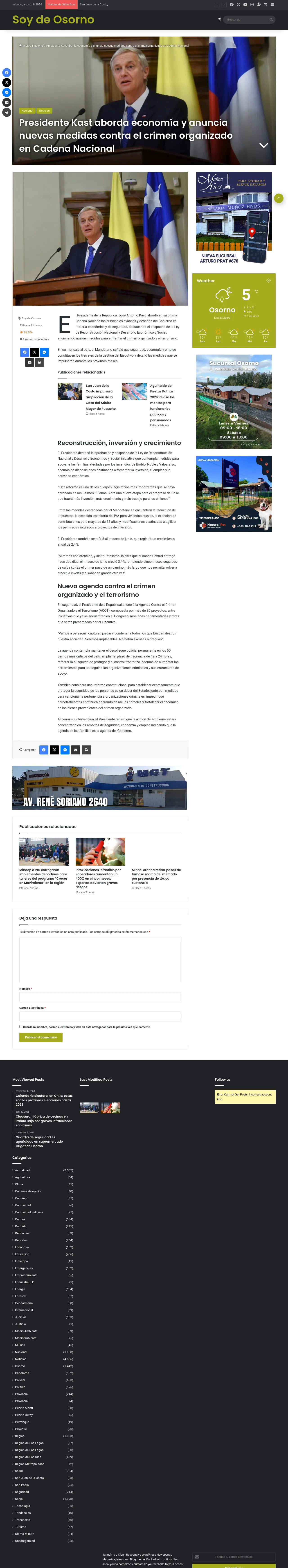 Presidente Kast aborda economía y anuncia nuevas medidas contra el crimen organizado en Cadena Nacional – Soy de Osorno