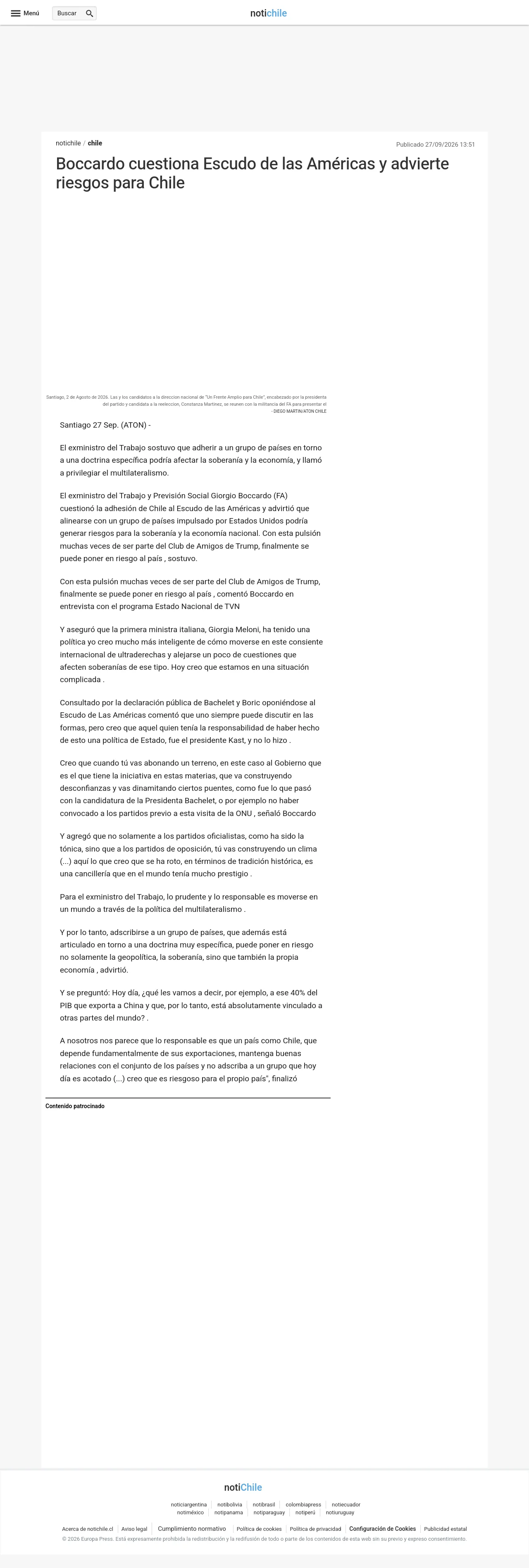 Boccardo cuestiona Escudo de las Américas y advierte riesgos para Chile
