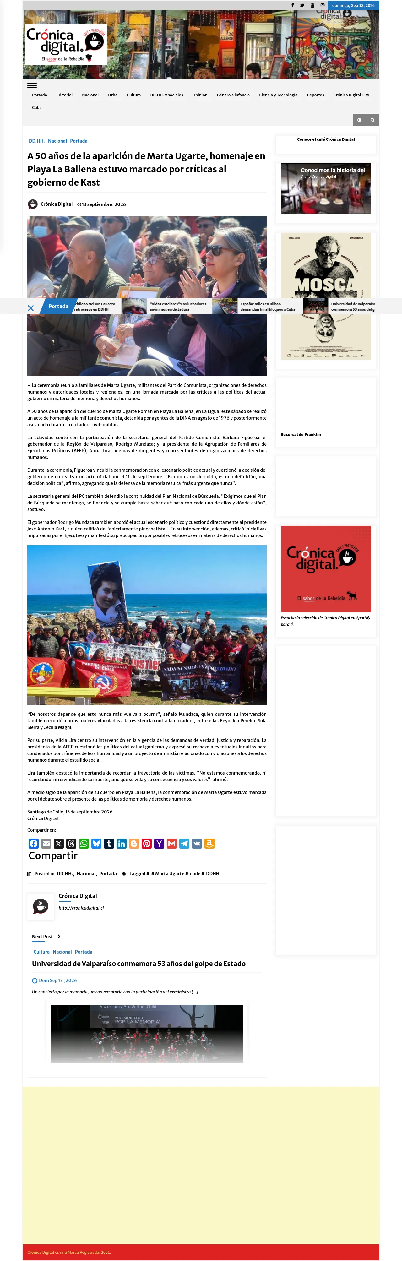 [A 50 años de la aparición de Marta Ugarte, homenaje en Playa La Ballena estuvo marcado por críticas al gobierno de Kast](https://cronicadigital.cl/a-50-anos-de-la-aparicion-de-marta-ugarte-homenaje-en-playa-la-ballena-estuvo-marcado-por-criticas-al-gobierno-de-kast/)