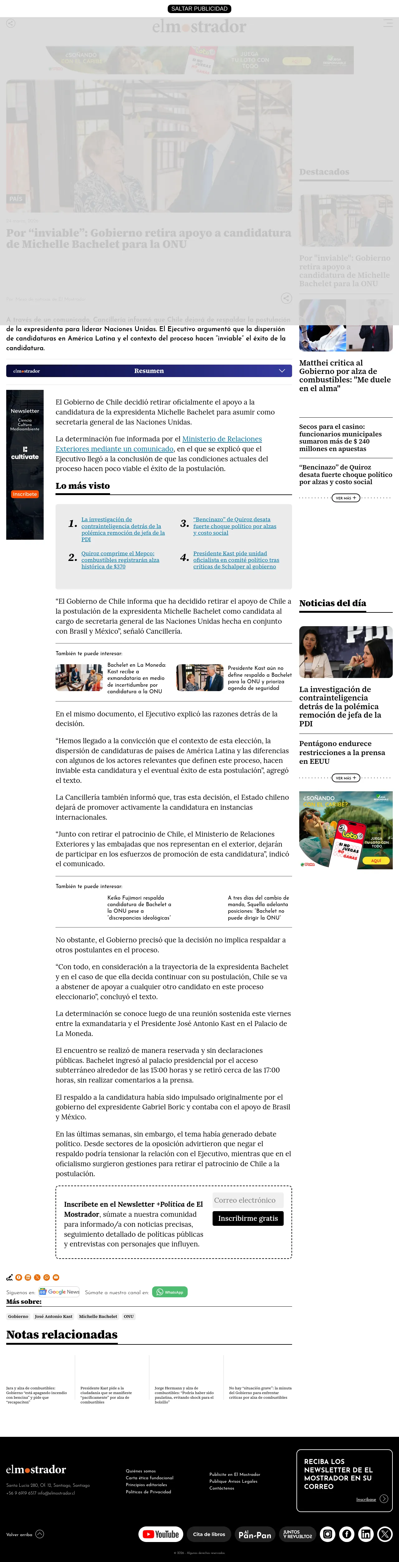 Por “inviable”: Gobierno retira apoyo a candidatura de Michelle Bachelet para la ONU