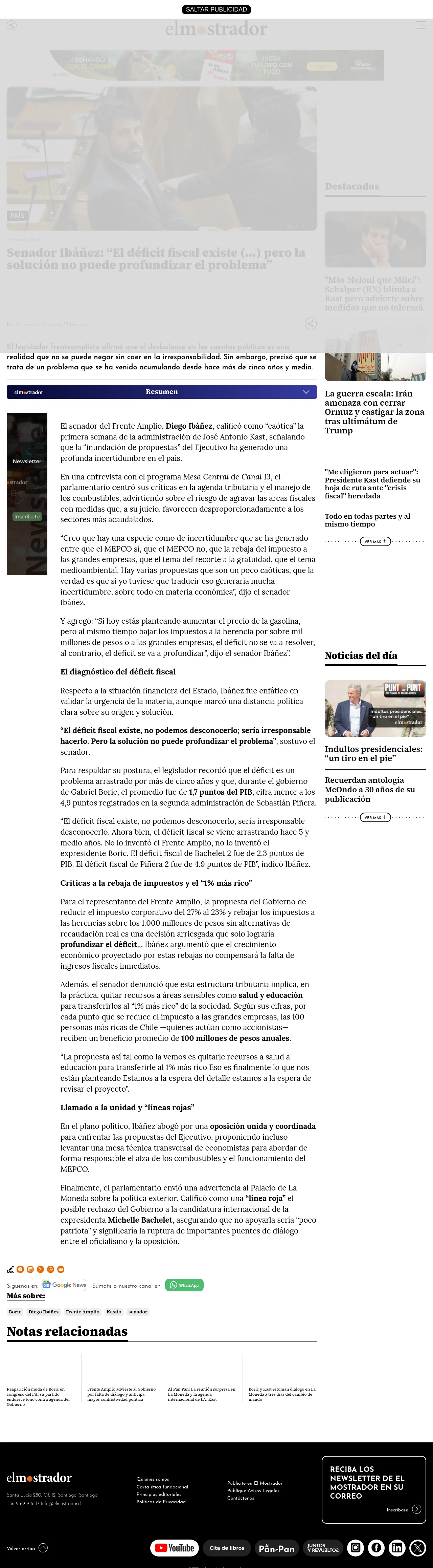 Senador Ibáñez: “El déficit fiscal existe (…) pero la solución no puede profundizar el problema”