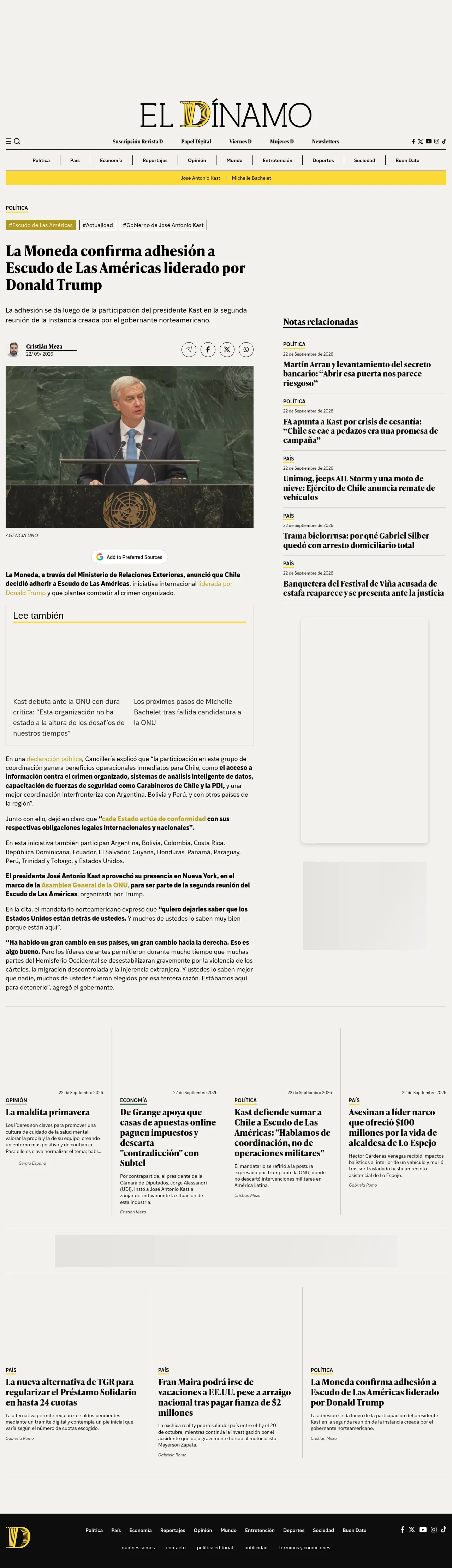 La Moneda confirma adhesión a Escudo de Las Américas liderado por Donald Trump