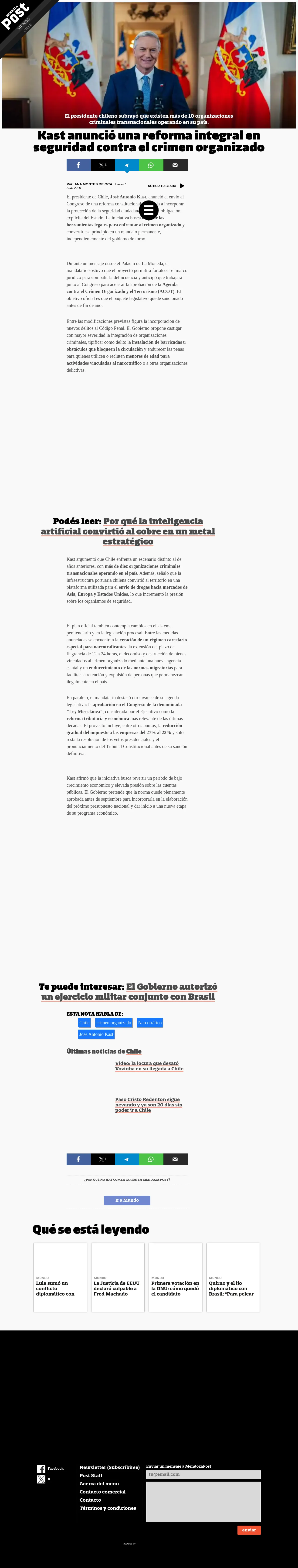 Kast anunció una reforma integral en seguridad contra el crimen organizado