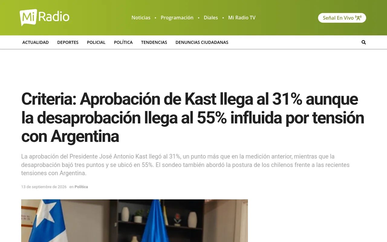 Criteria: Aprobación de Kast llega al 31% aunque la desaprobación llega al 55% influida por tensión con Argentina
