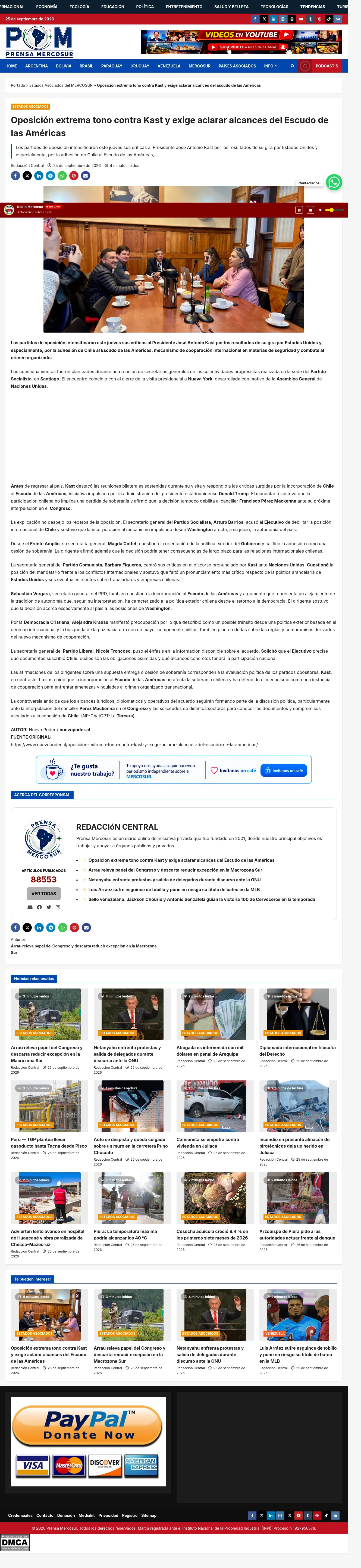 Oposición extrema tono contra Kast y exige aclarar alcances del Escudo de las Américas