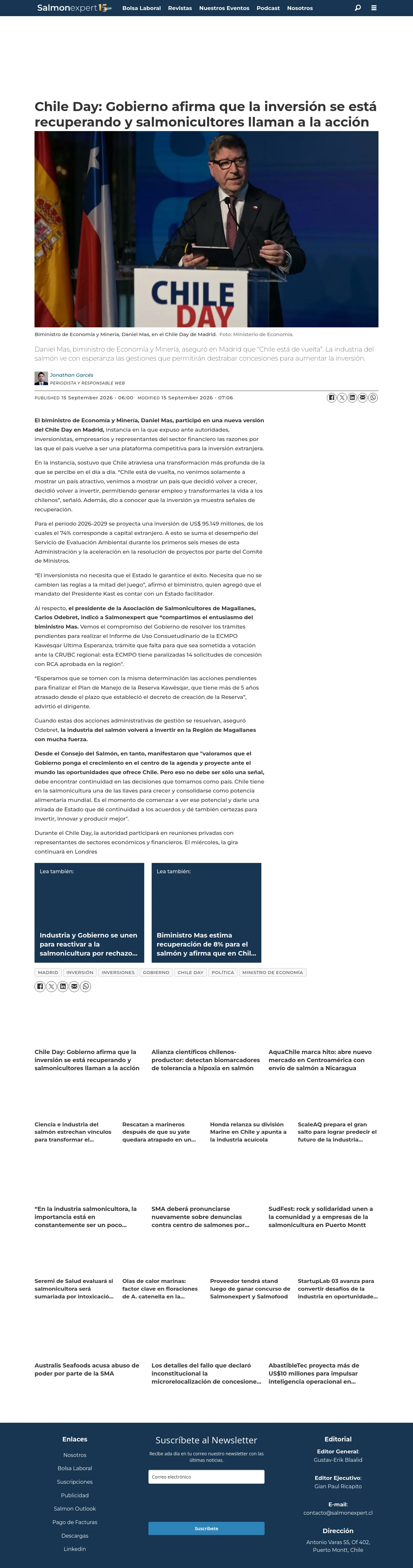 Chile Day: Gobierno afirma que la inversión se está recuperando y salmonicultores llaman a la acción