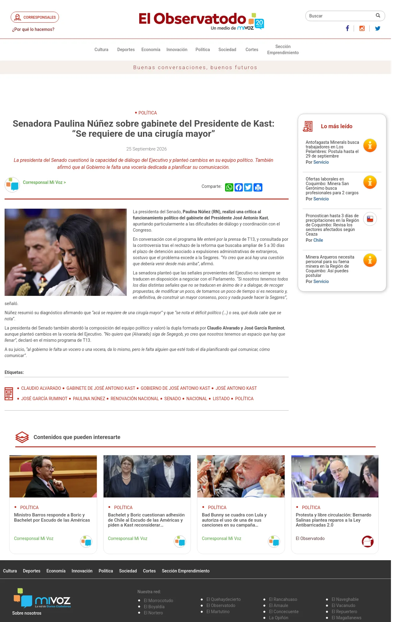 Senadora Paulina Núñez sobre gabinete del Presidente de Kast: “Se requiere de una cirugía mayor”