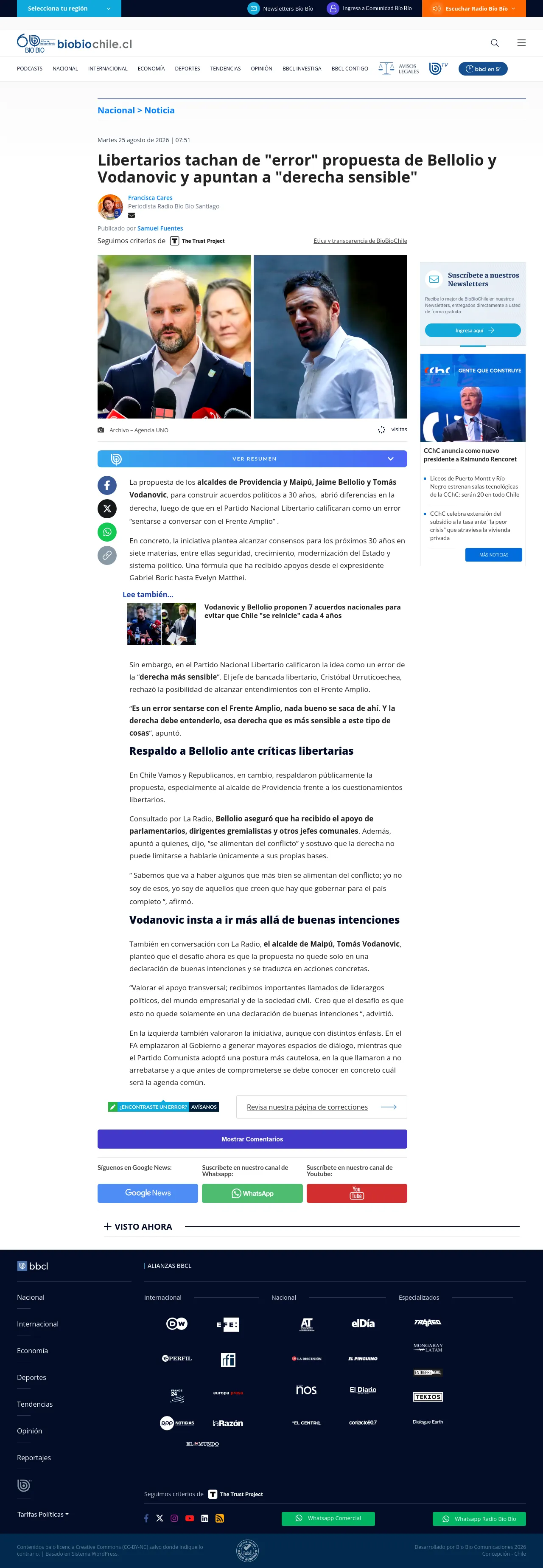 Libertarios tachan de "error" propuesta de Bellolio y Vodanovic y apuntan a "derecha sensible"
