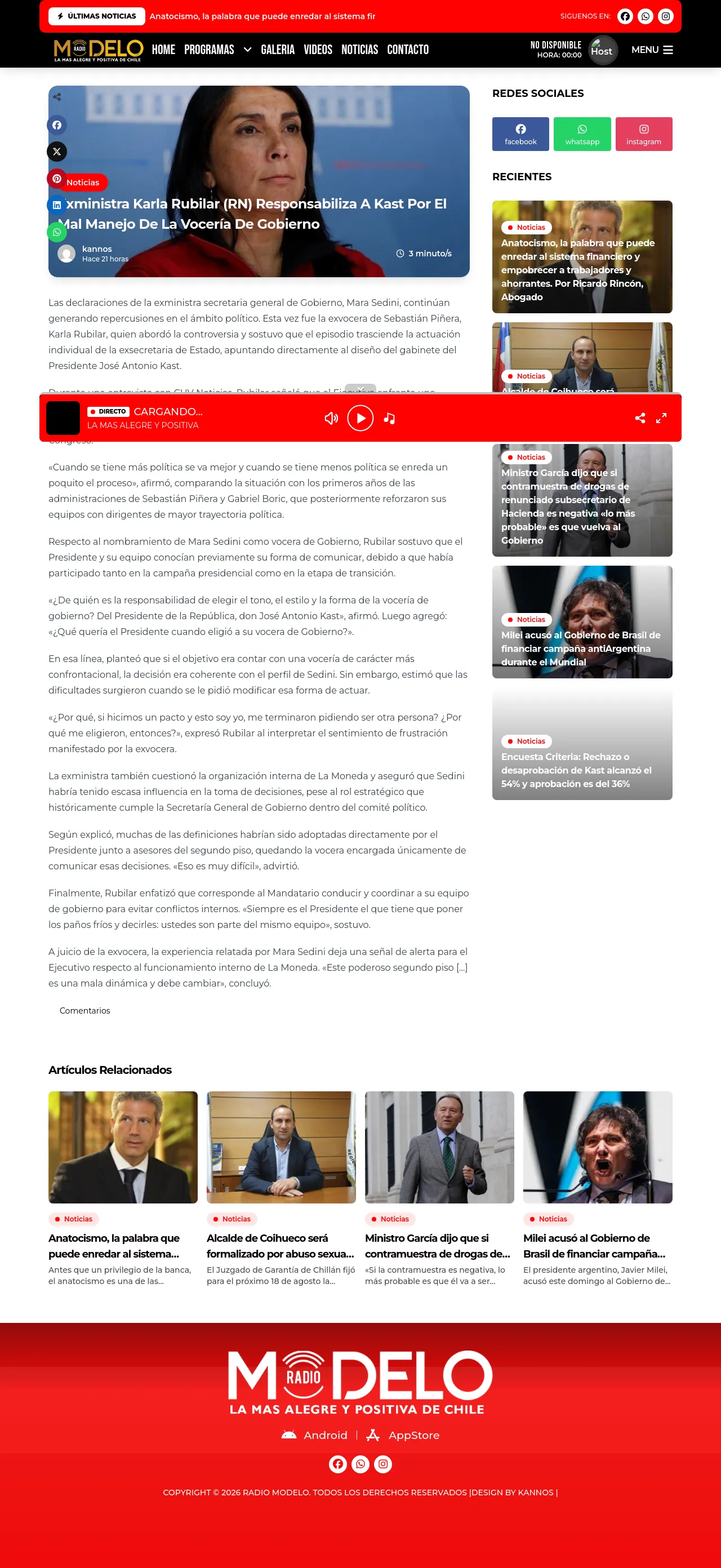 Exministra Karla Rubilar (RN) responsabiliza a Kast por el mal manejo de la vocería de Gobierno