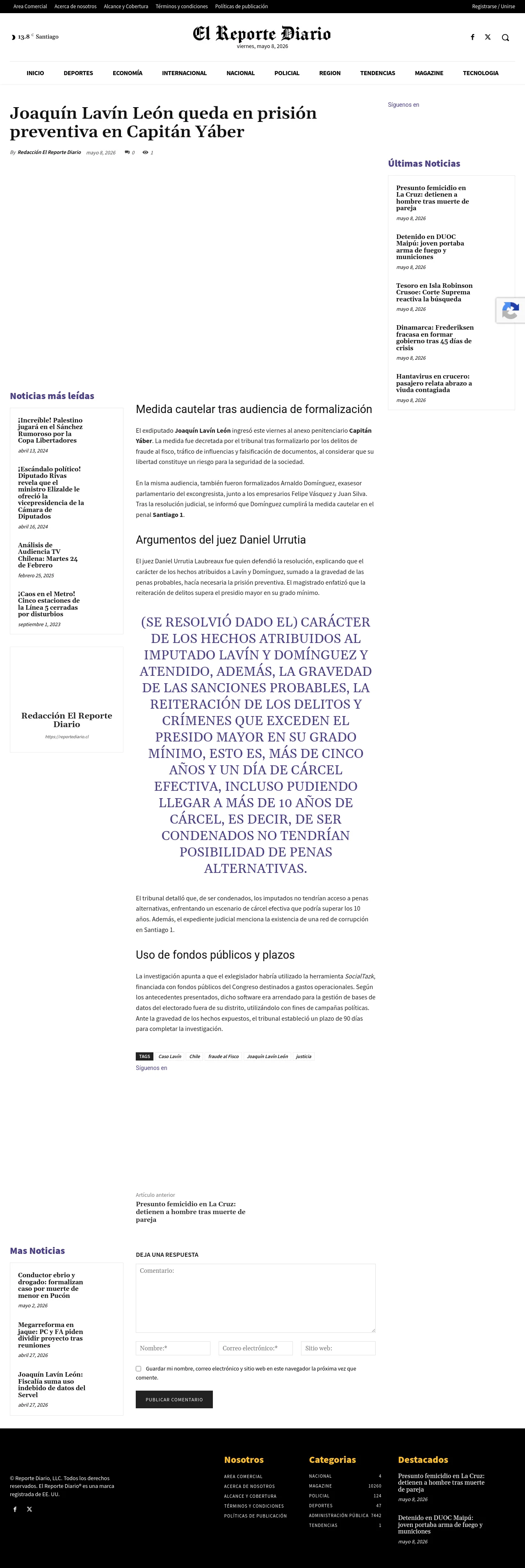Joaquín Lavín León queda en prisión preventiva en Capitán Yáber