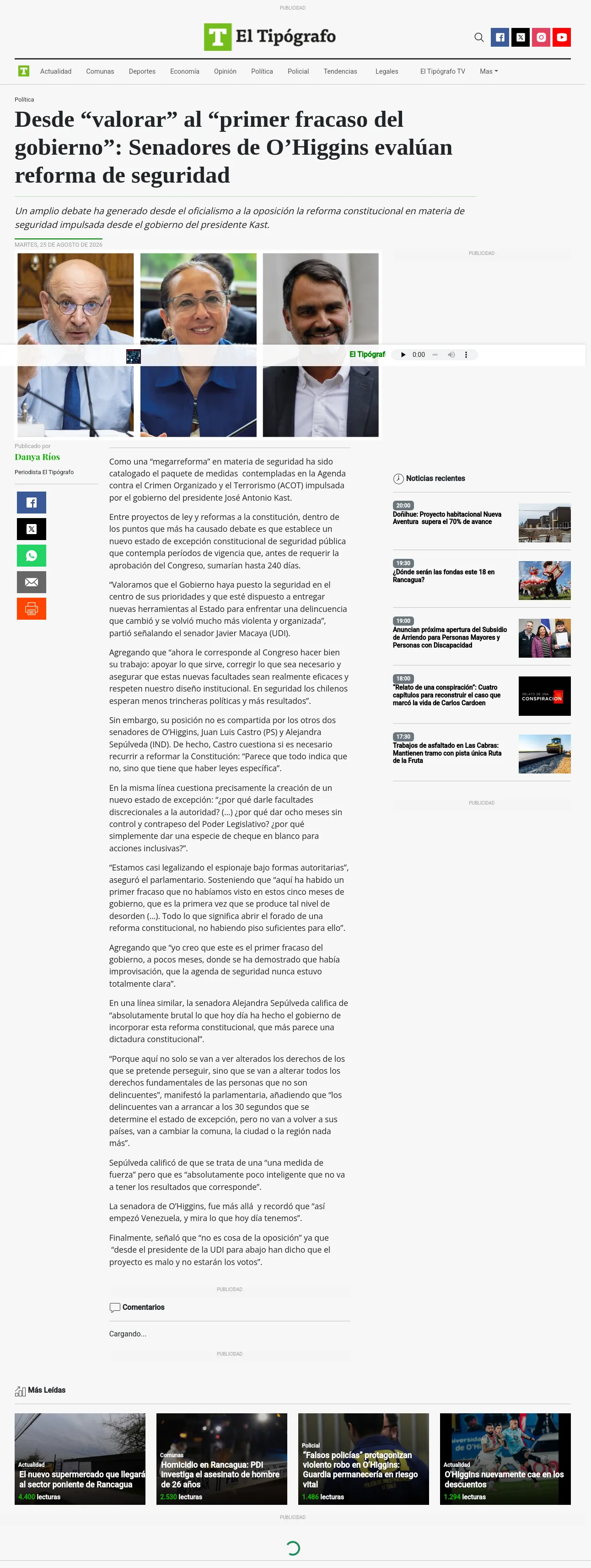 Desde “valorar” al “primer fracaso del gobierno”: Senadores de O’Higgins evalúan reforma de seguridad