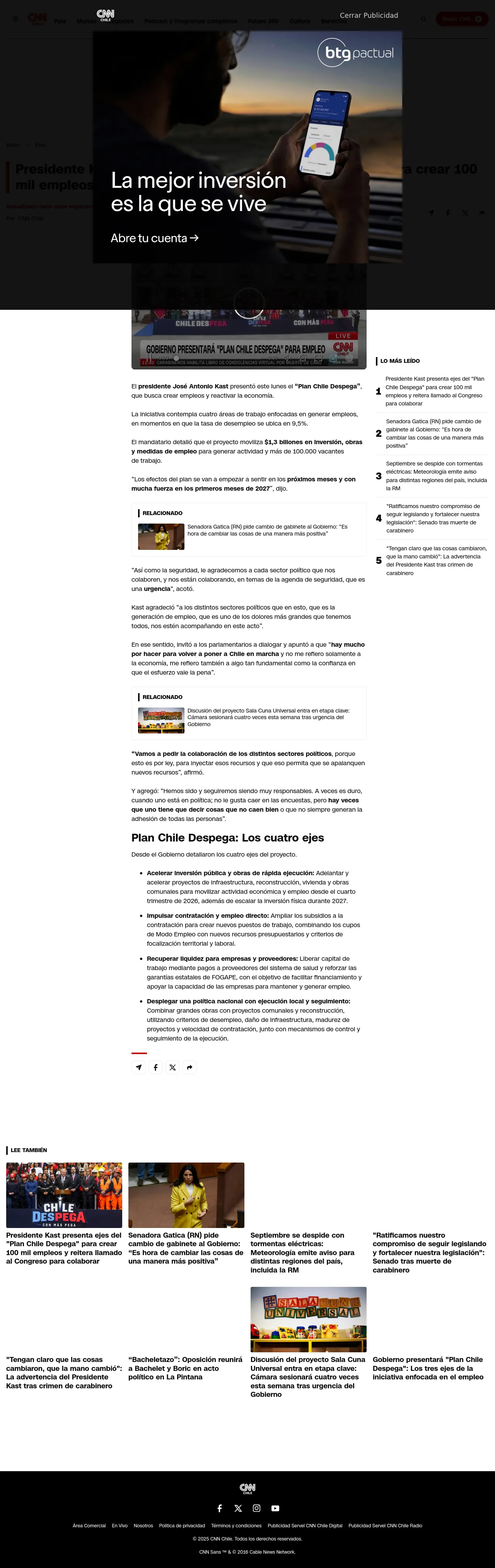 Presidente Kast presenta ejes del “Plan Chile Despega” para crear 100 mil empleos y reitera llamado al Congreso para colaborar