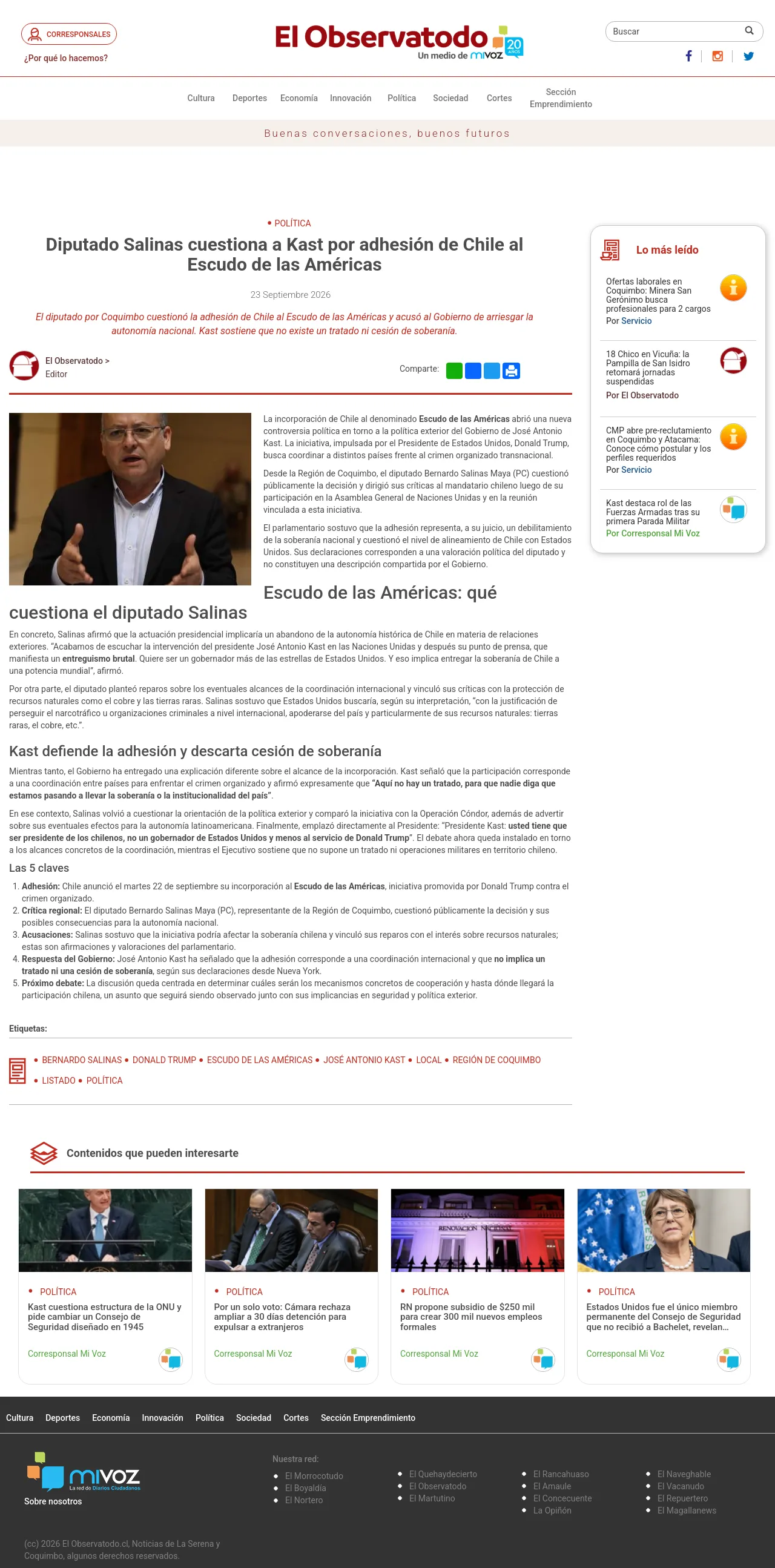 Diputado Salinas cuestiona a Kast por adhesión de Chile al Escudo de las Américas