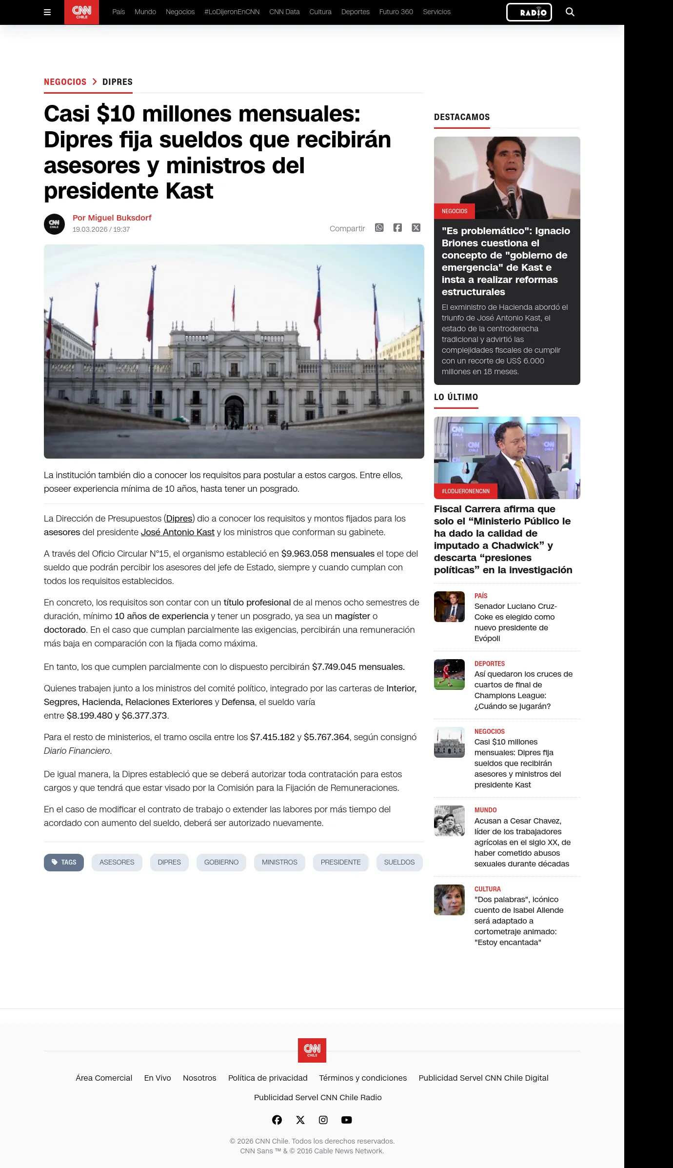 Casi $10 millones mensuales: Dipres fija sueldos que recibirán asesores y ministros del presidente Kast