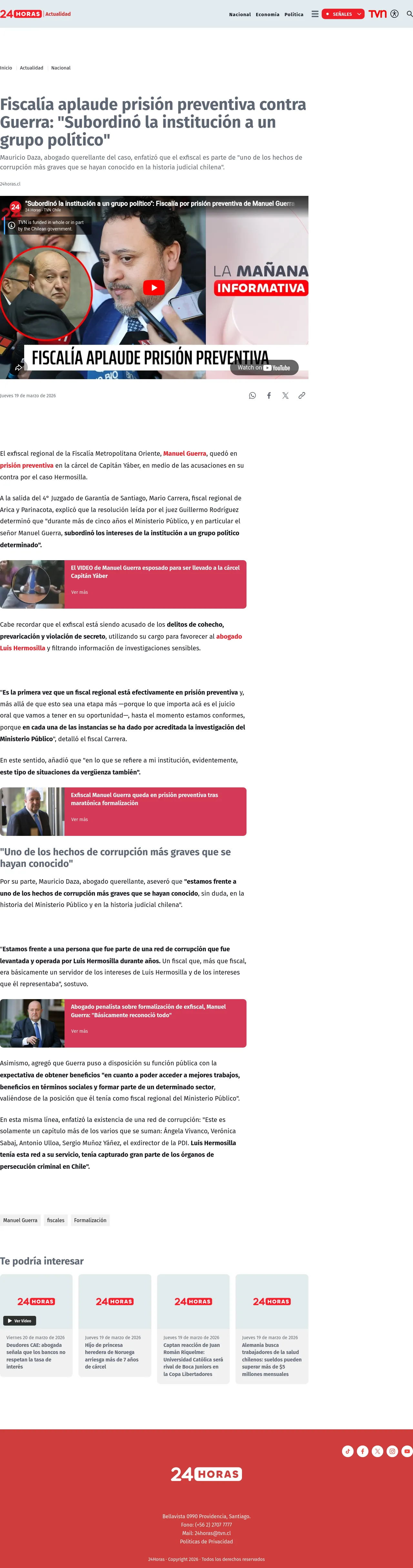 Fiscalía aplaude prisión preventiva contra Guerra: "Subordinó la institución a un grupo político"