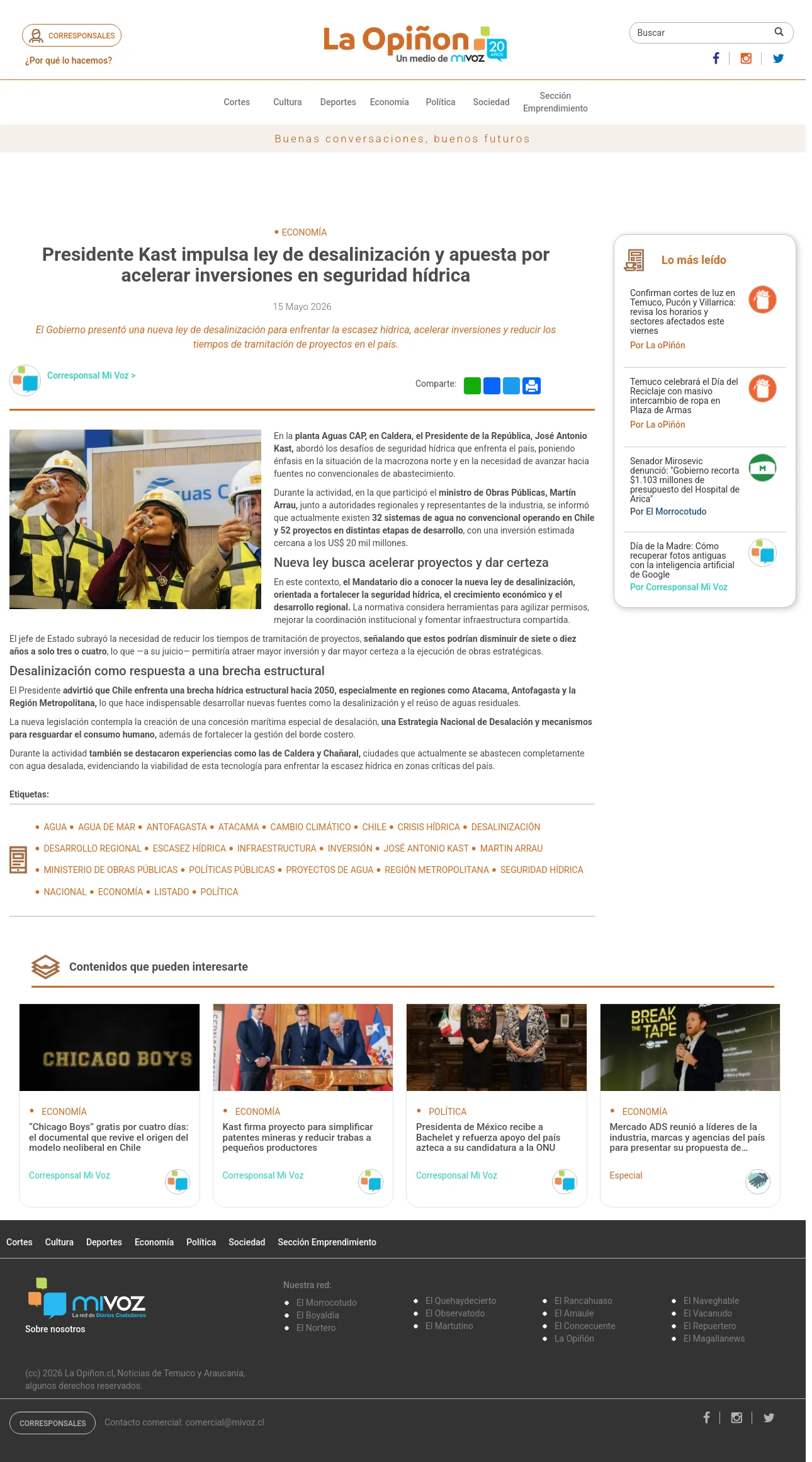 Presidente Kast impulsa ley de desalinización y apuesta por acelerar inversiones en seguridad hídrica