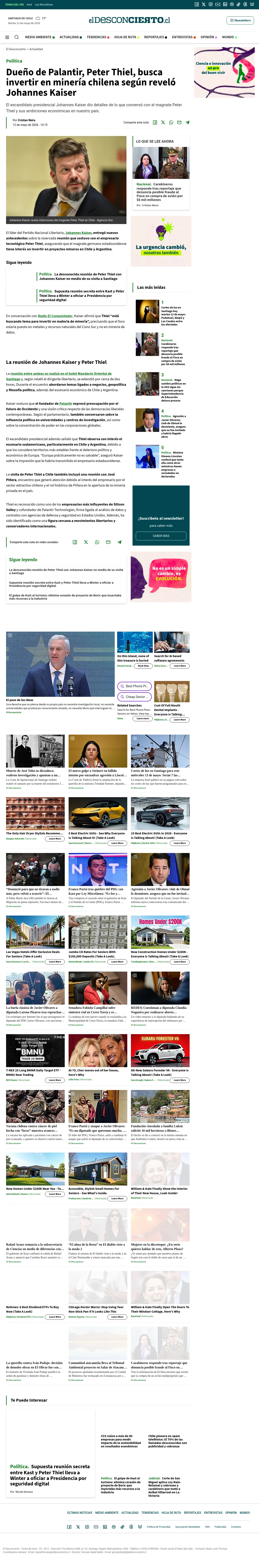 Dueño de Palantir, Peter Thiel, busca invertir en minería chilena según reveló Johannes Kaiser