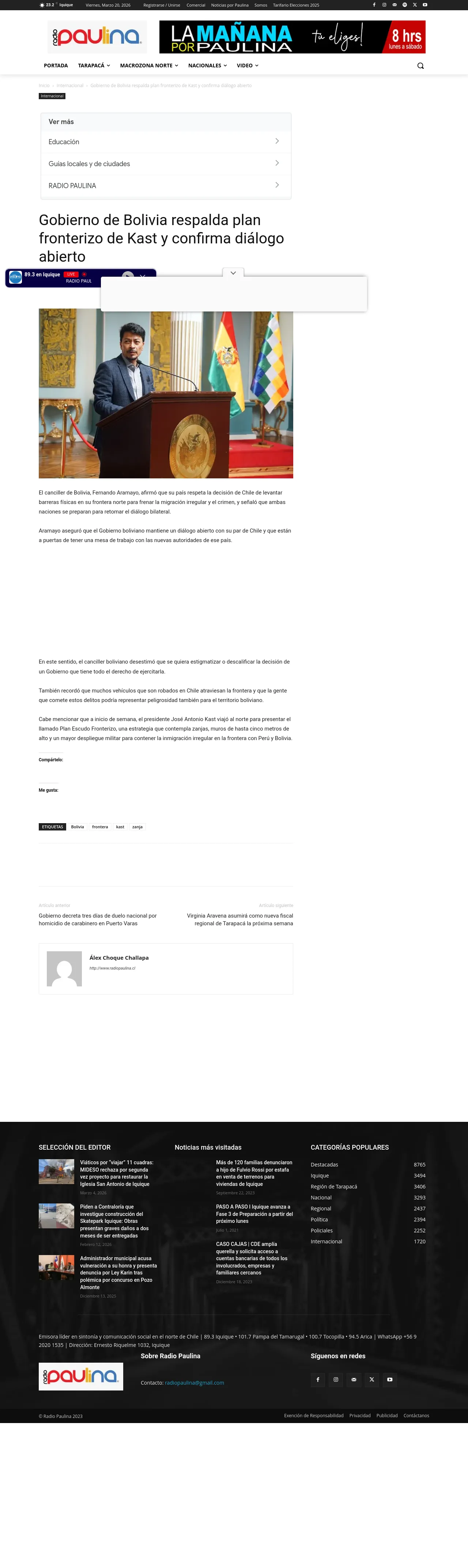 Gobierno de Bolivia respalda plan fronterizo de Kast y confirma diálogo abierto