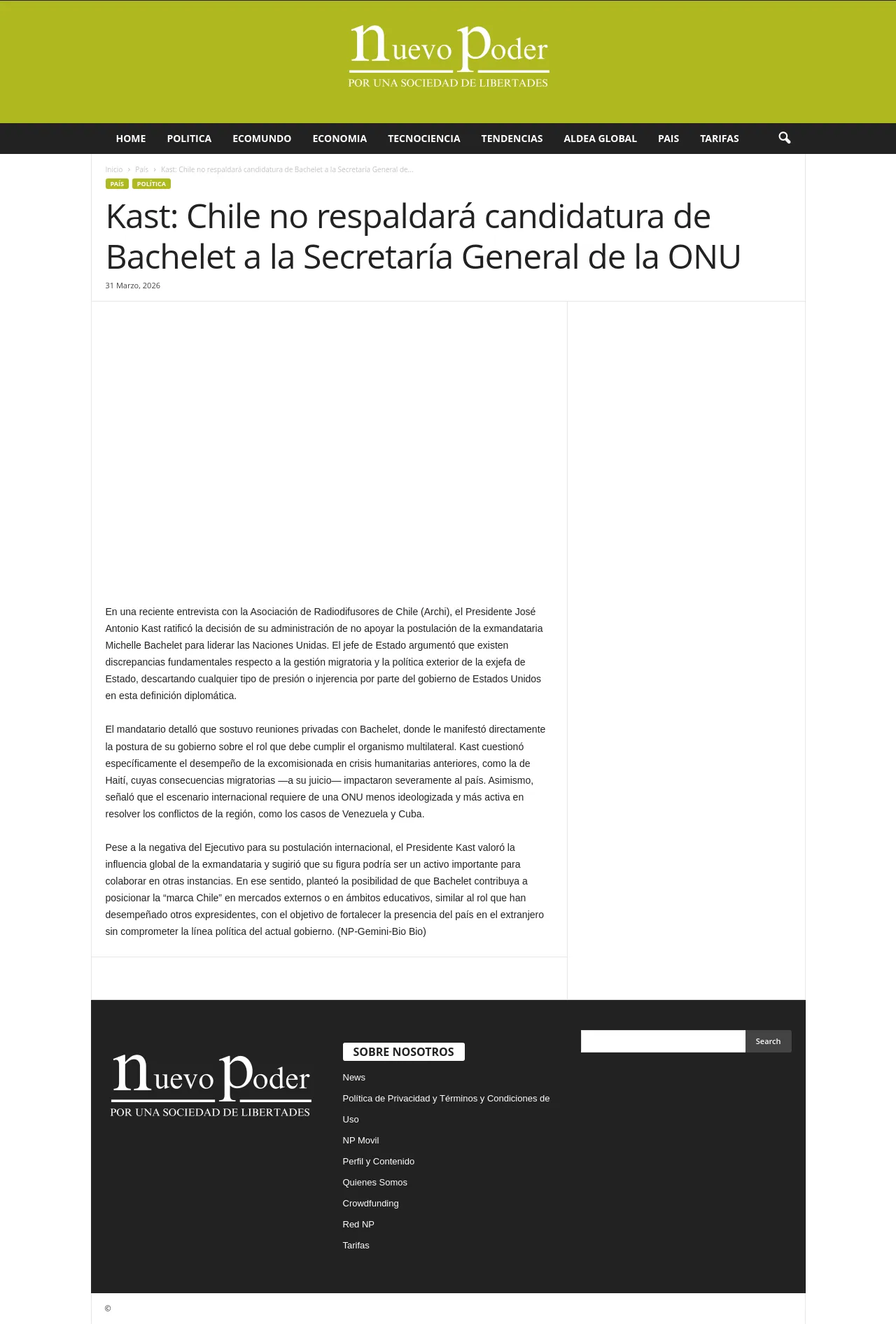 Kast: Chile no respaldará candidatura de Bachelet a la Secretaría General de la ONU