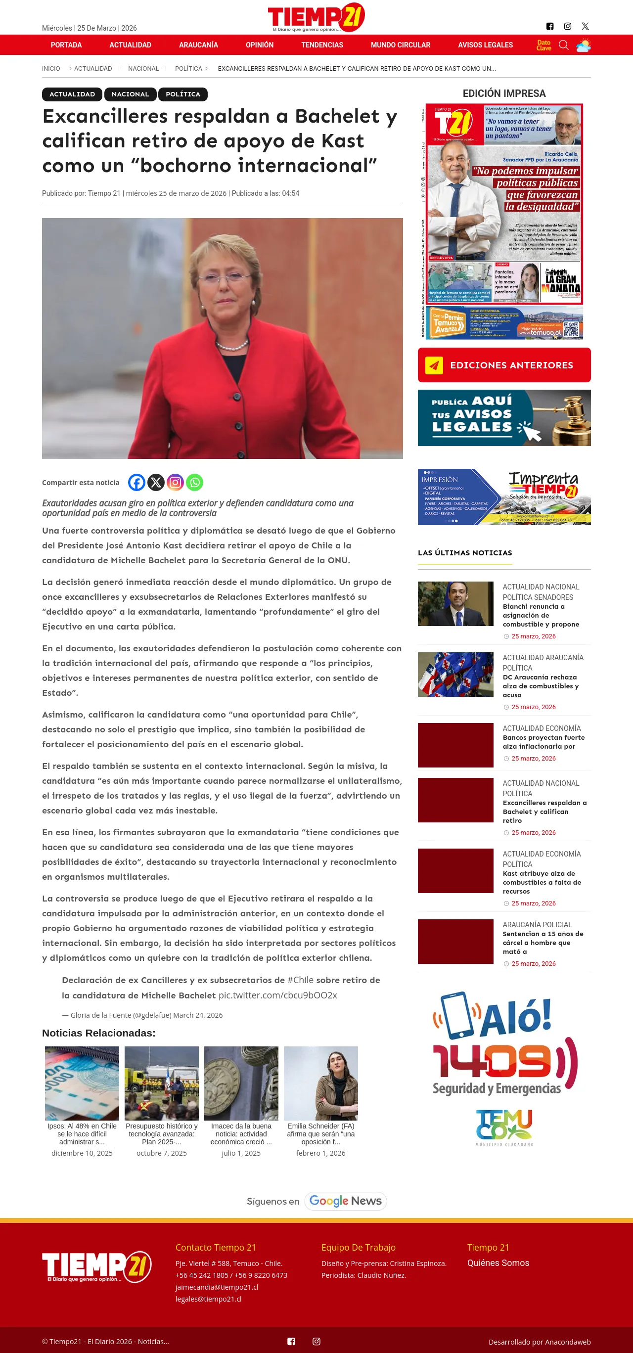 Excancilleres respaldan a Bachelet y califican retiro de apoyo de Kast como un “bochorno internacional”