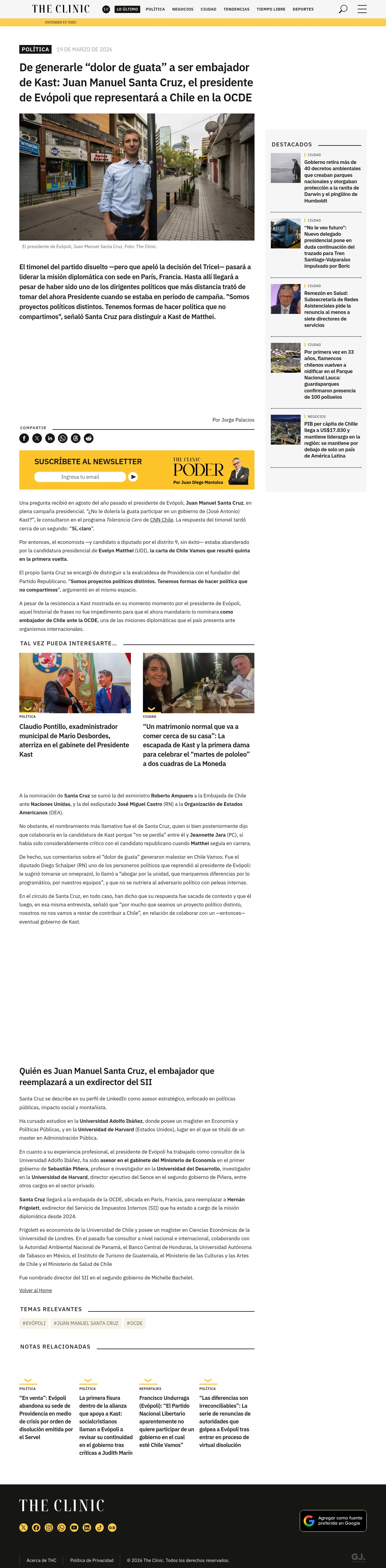 De generarle “dolor de guata” a ser embajador de Kast: Juan Manuel Santa Cruz, el presidente de Evópoli que representará a Chile en la OCDE