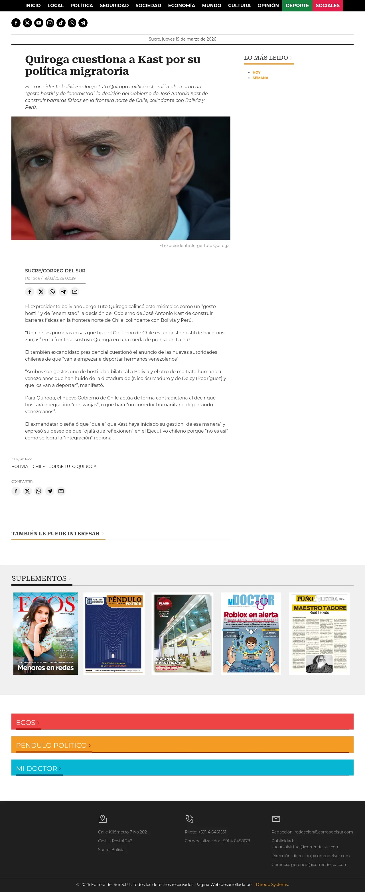 Quiroga cuestiona a Kast por su política migratoria