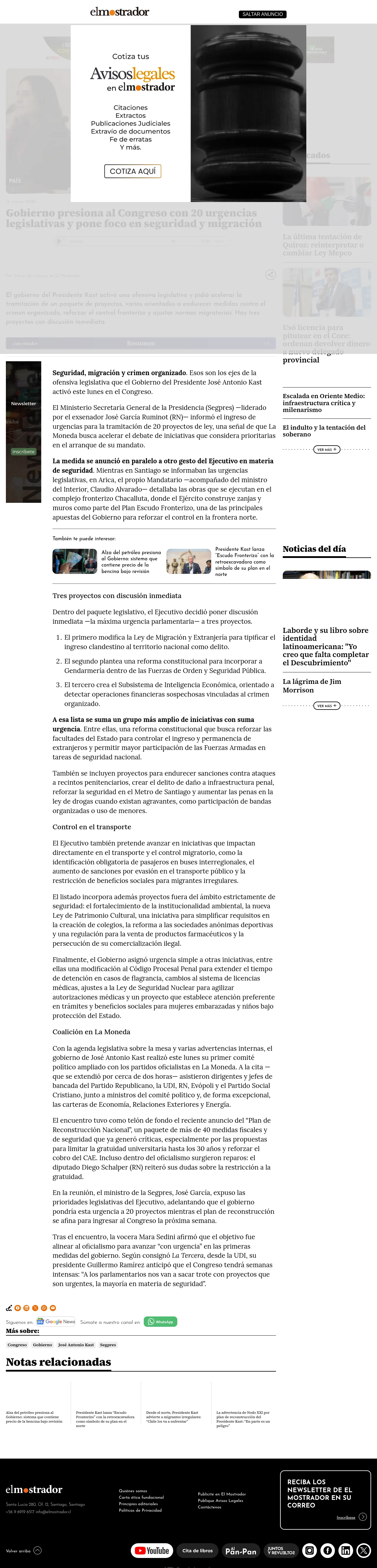 Gobierno presiona al Congreso con 20 urgencias legislativas y pone foco en seguridad y migración
