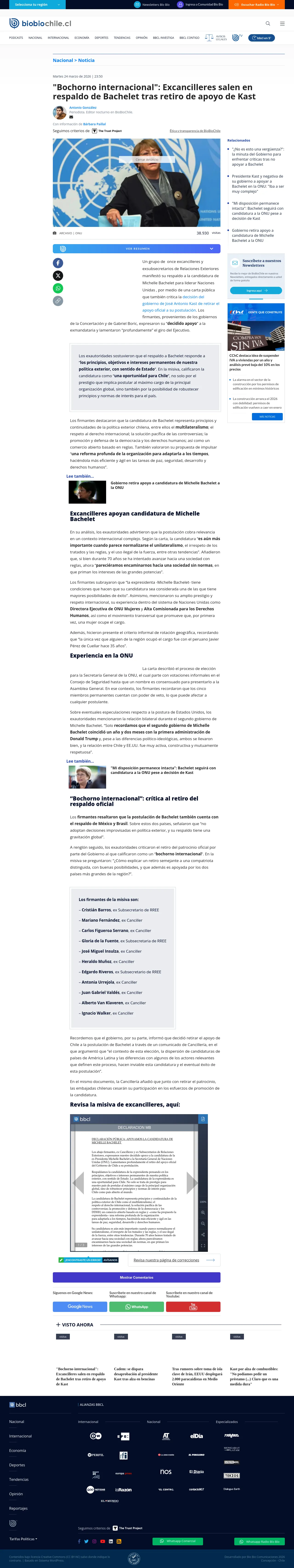 "Bochorno internacional": Excancilleres salen en respaldo de Bachelet tras retiro de apoyo de Kast