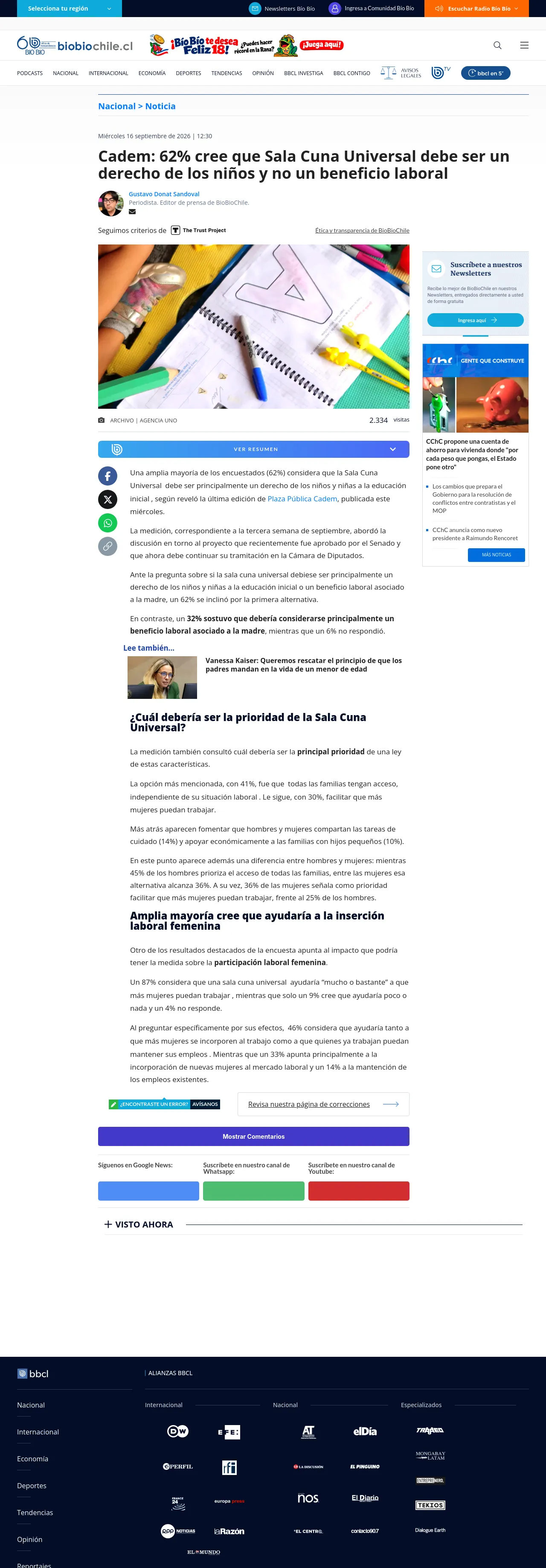 Cadem: 62% cree que Sala Cuna Universal debe ser un derecho de los niños y no un beneficio laboral
