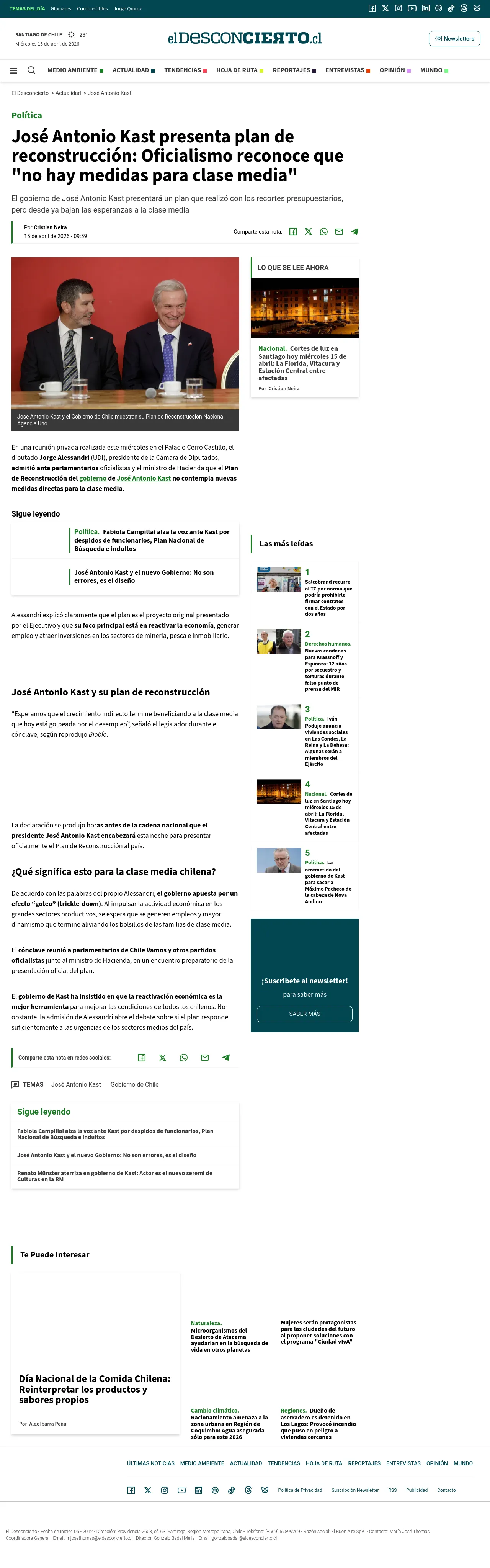 José Antonio Kast presenta plan de reconstrucción: Oficialismo reconoce que "no hay medidas para clase media"